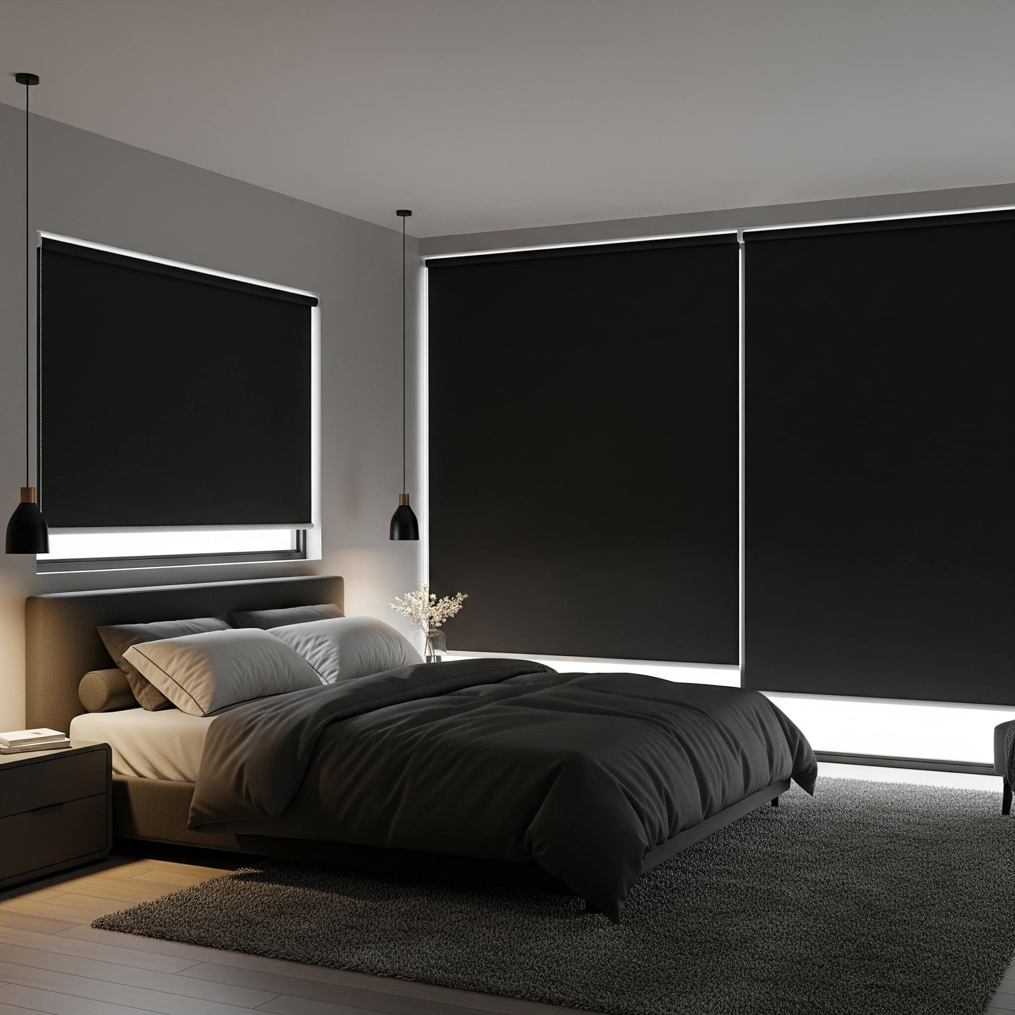 Sleek, minimalist bedroom with blackout roller shades