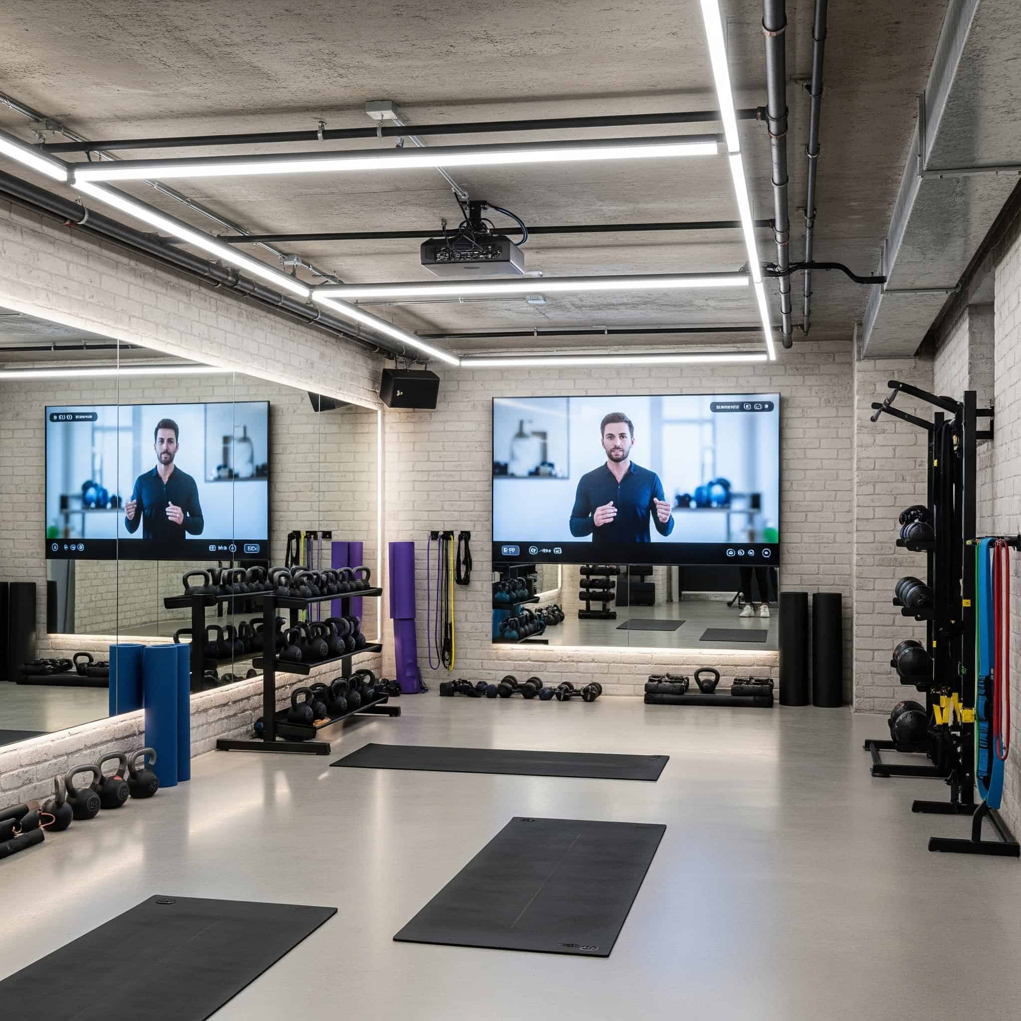 Virtual fitness studio in a modern basement.