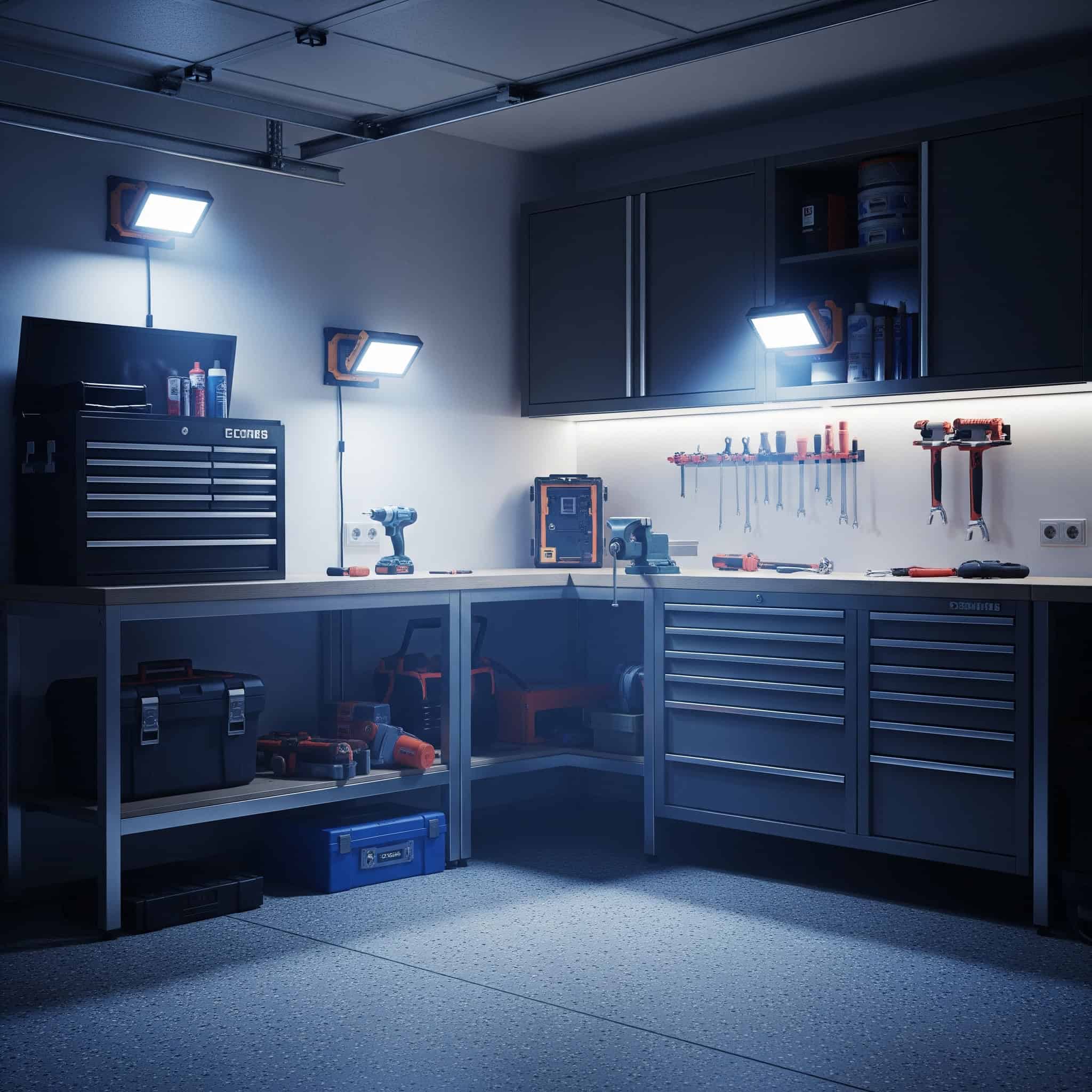 Magnetic work lights in a garage.
