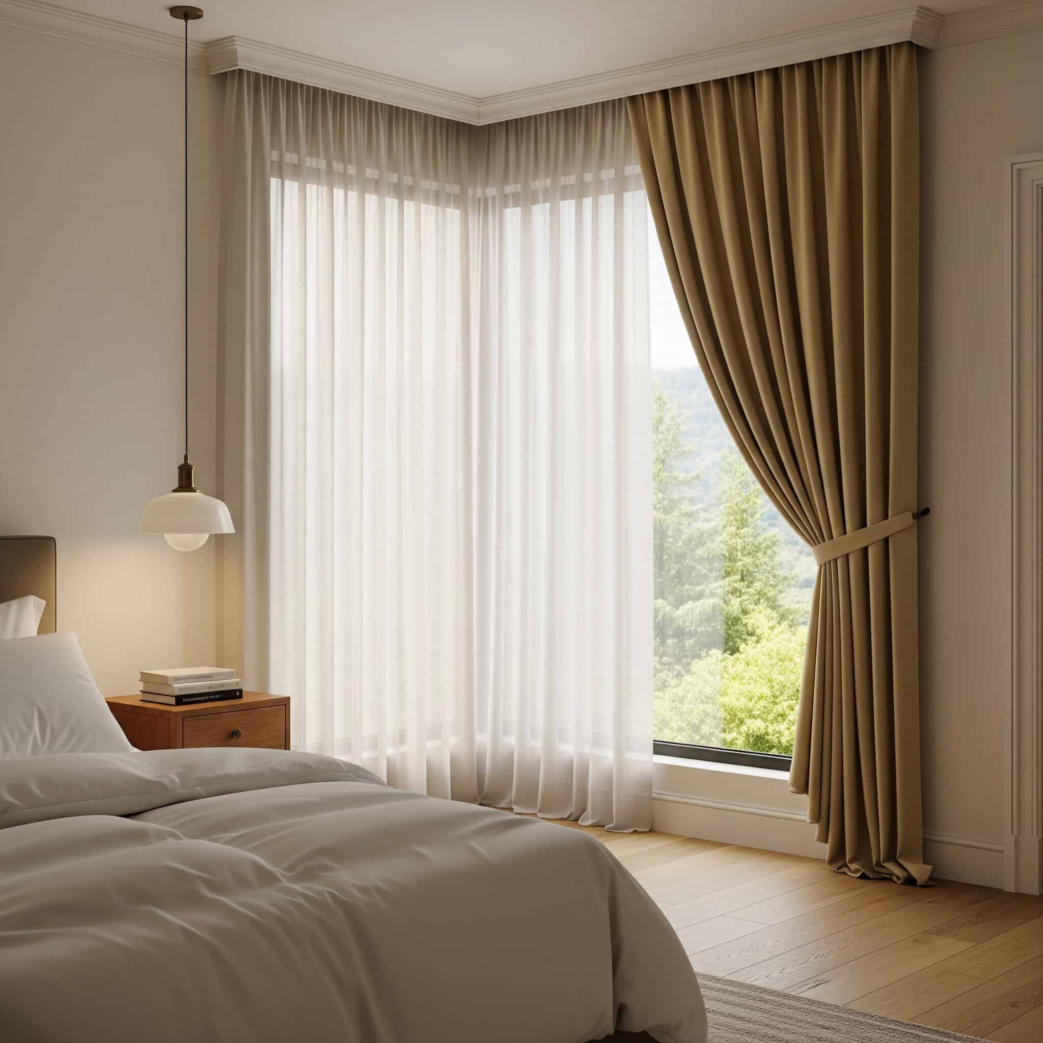 Serene bedroom with corner window treatments