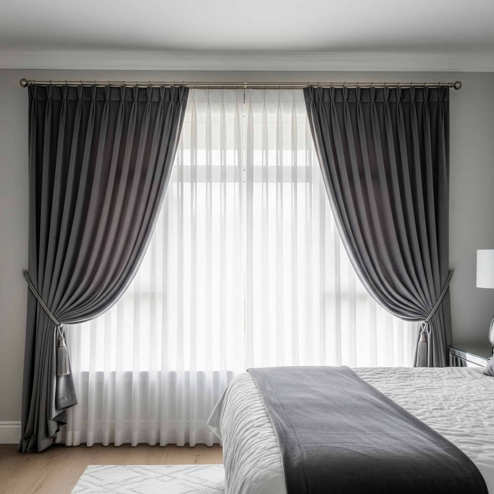 Modern bedroom with stylish window treatments.