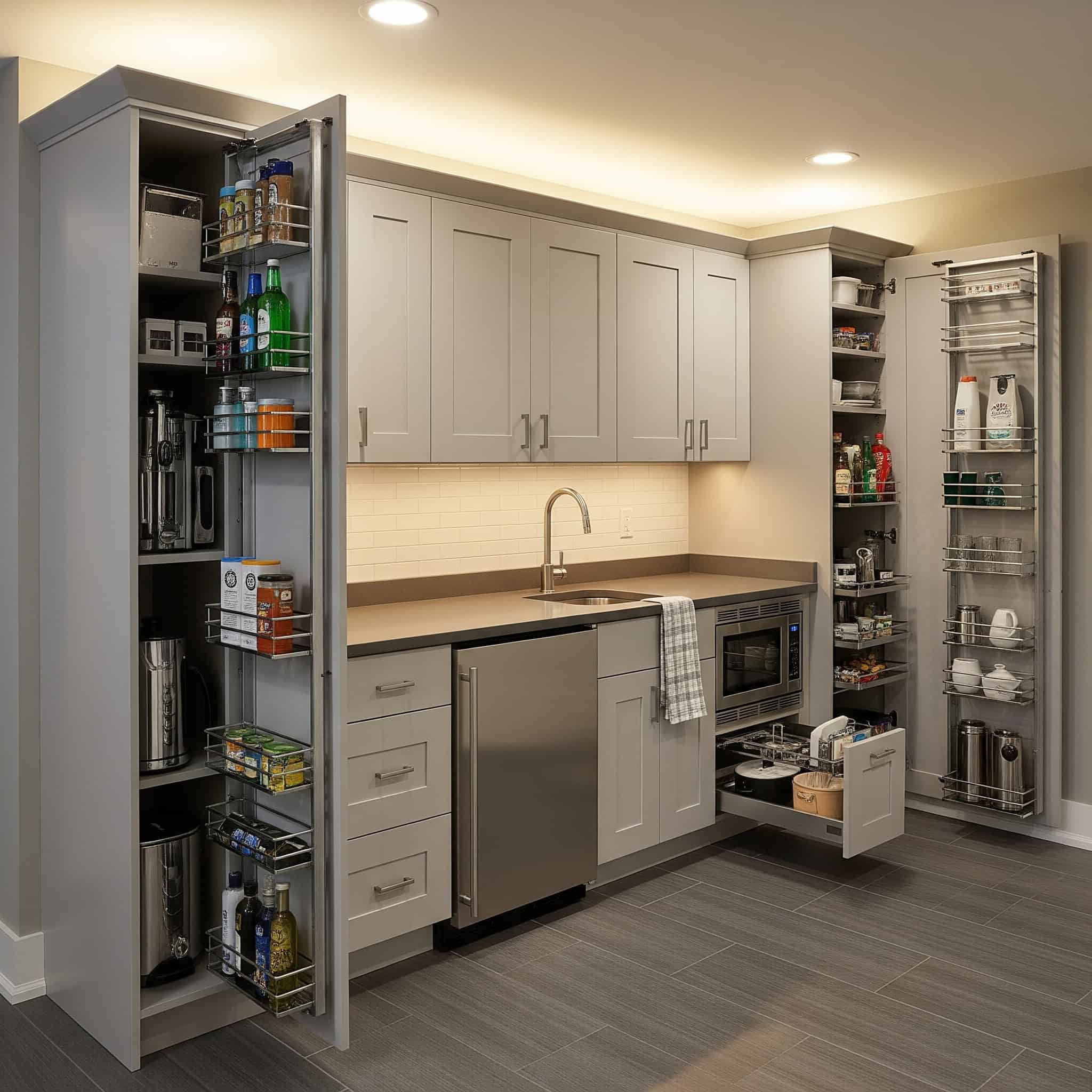 Vertical storage systems in a basement kitchenette.