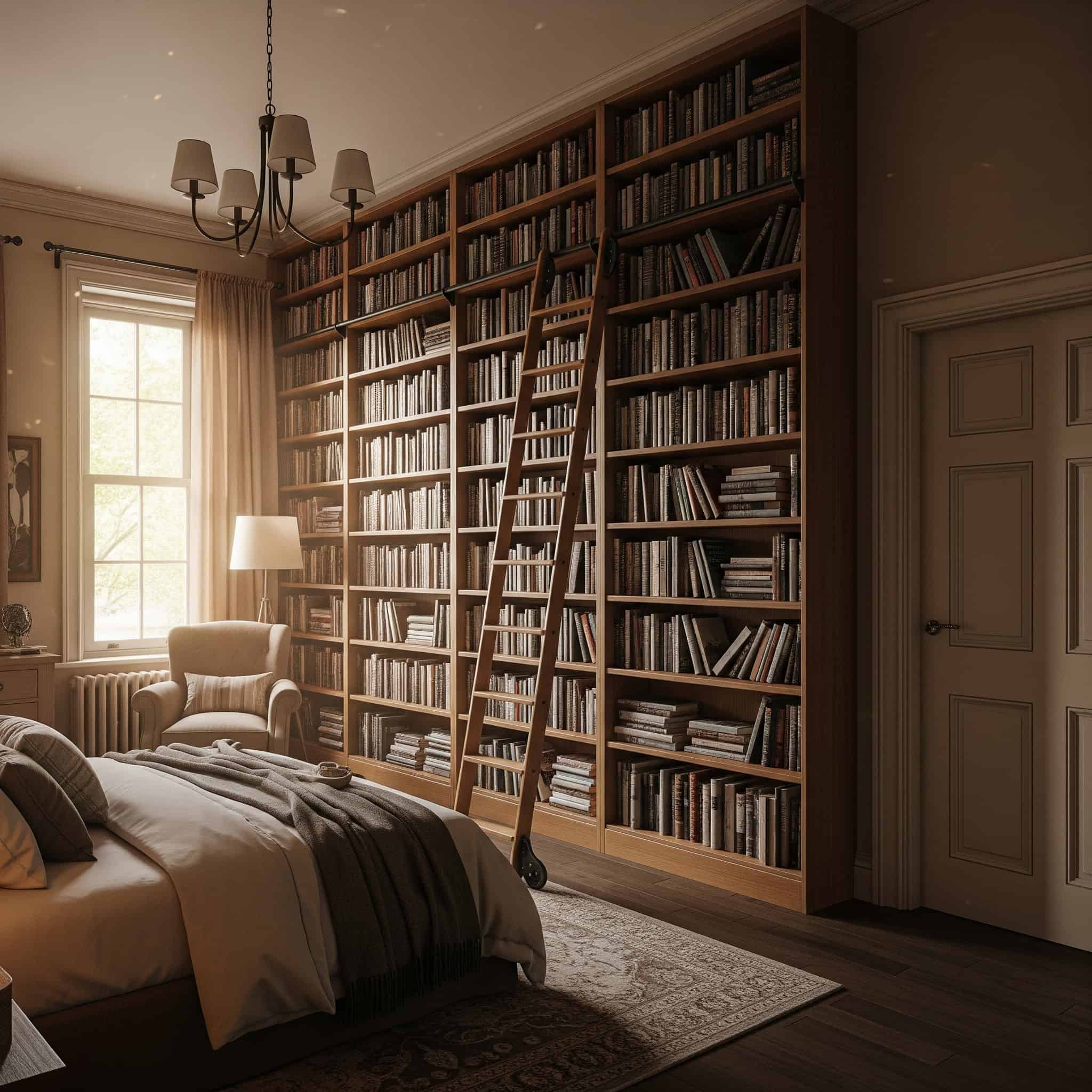 A cozy bedroom featuring a towering floor-to-ceiling bookcase with a vintage library ladder.