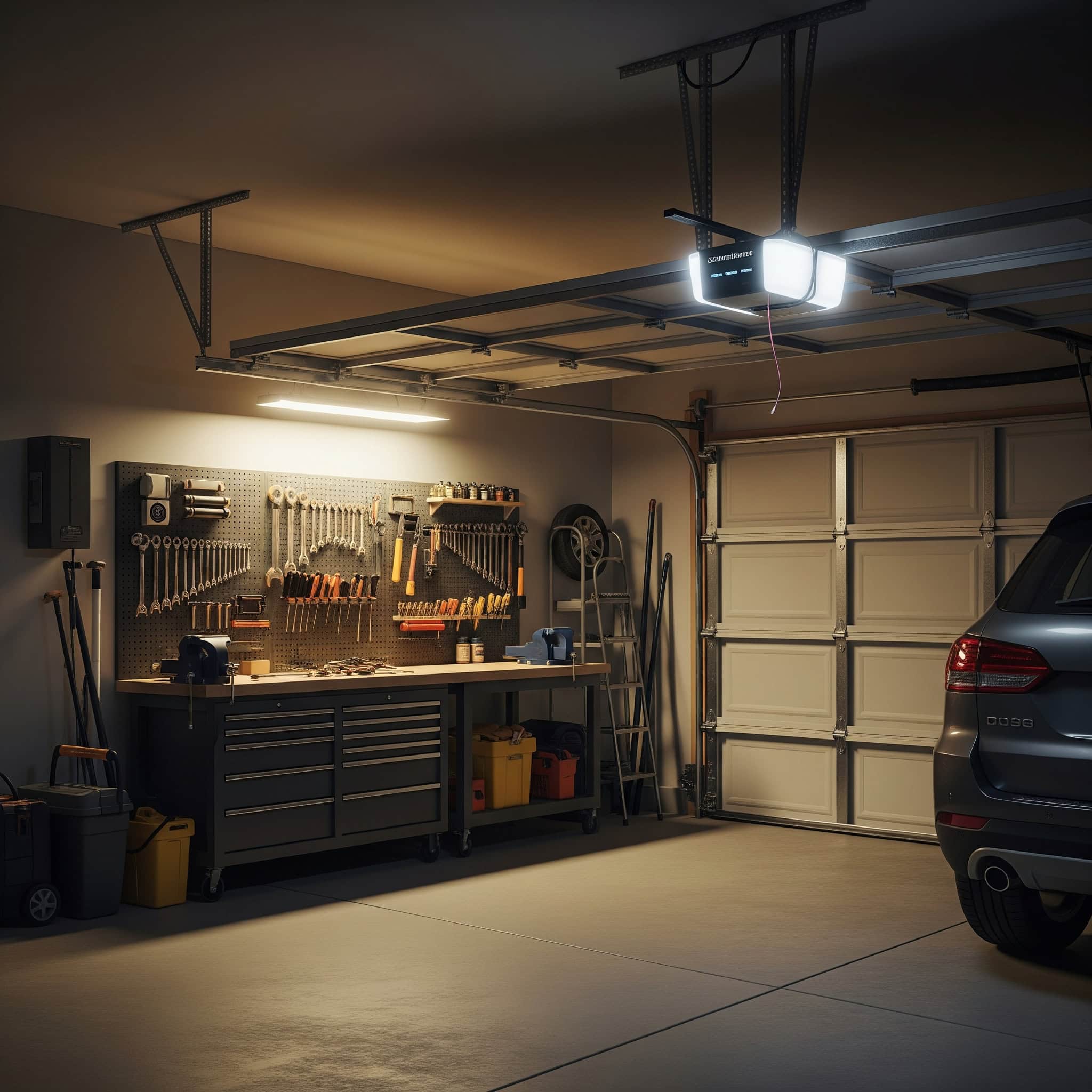 Garage door opener integrated lighting in a garage.