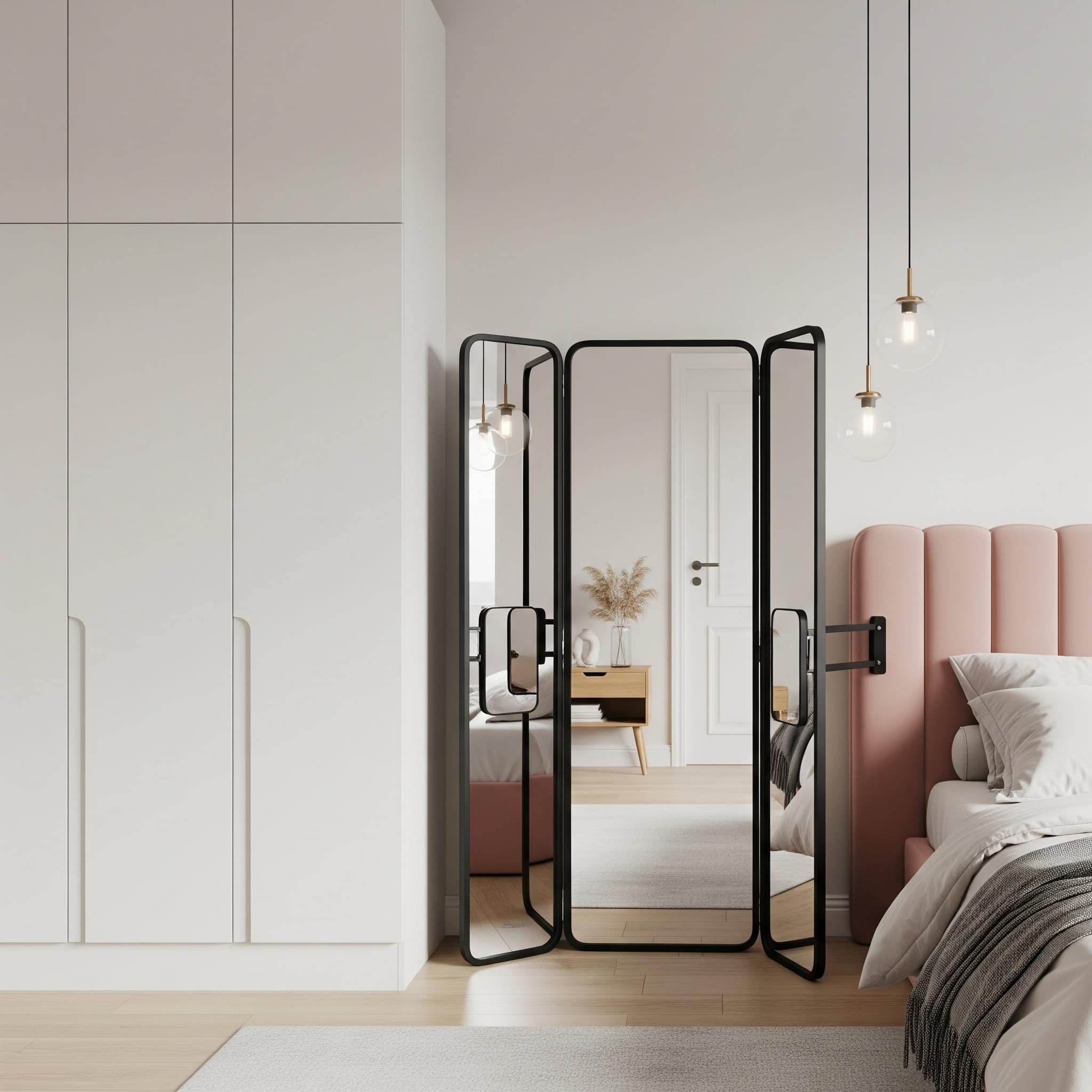 Bedroom with a triple panel full-length mirror