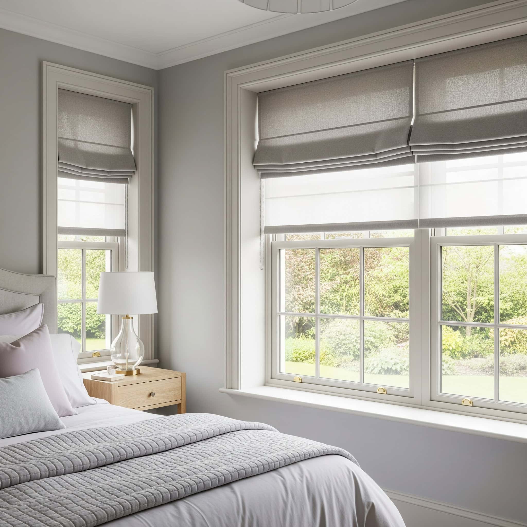 Cozy bedroom with elegant Roman shades and privacy liners