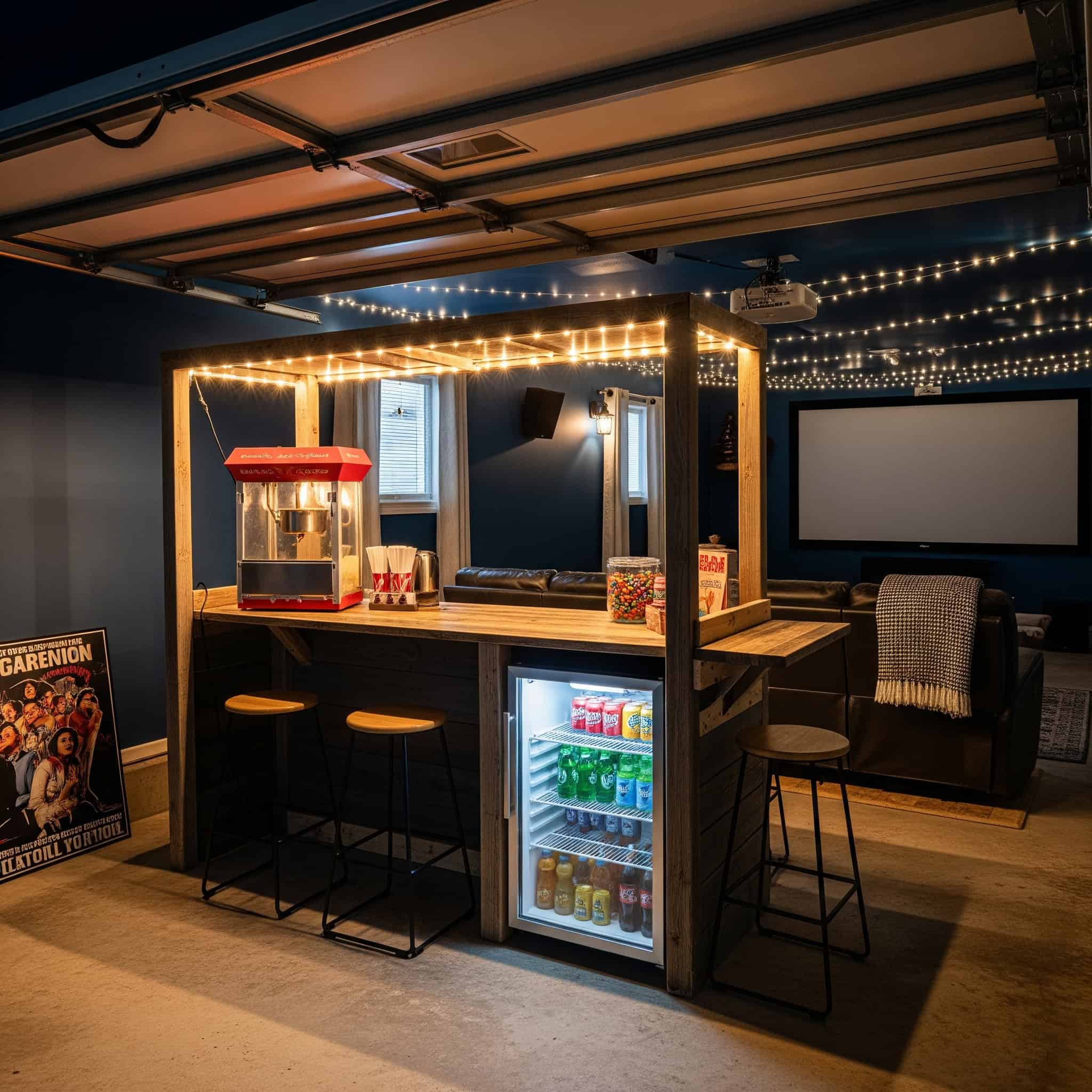 Mini concession stand in a garage home theater
