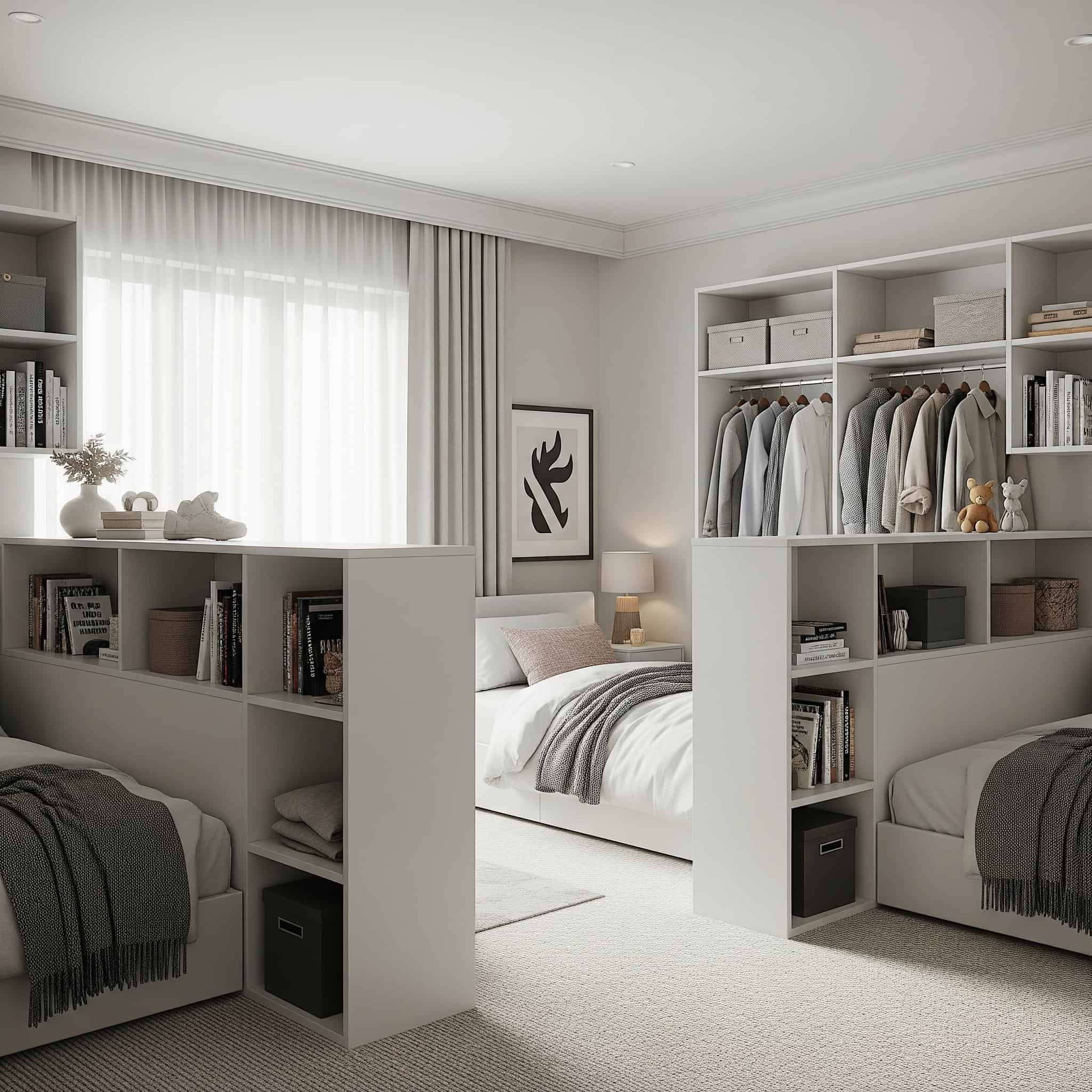 Shared bedroom with built-in partial walls and storage.