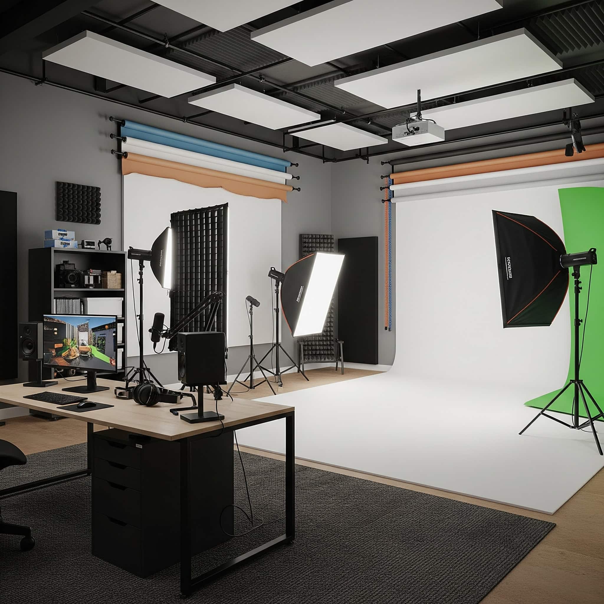  Design a space optimized for video production, podcasting, or streaming with lighting equipment, backdrop options, sound treatment, and technology storage for content creation activities.