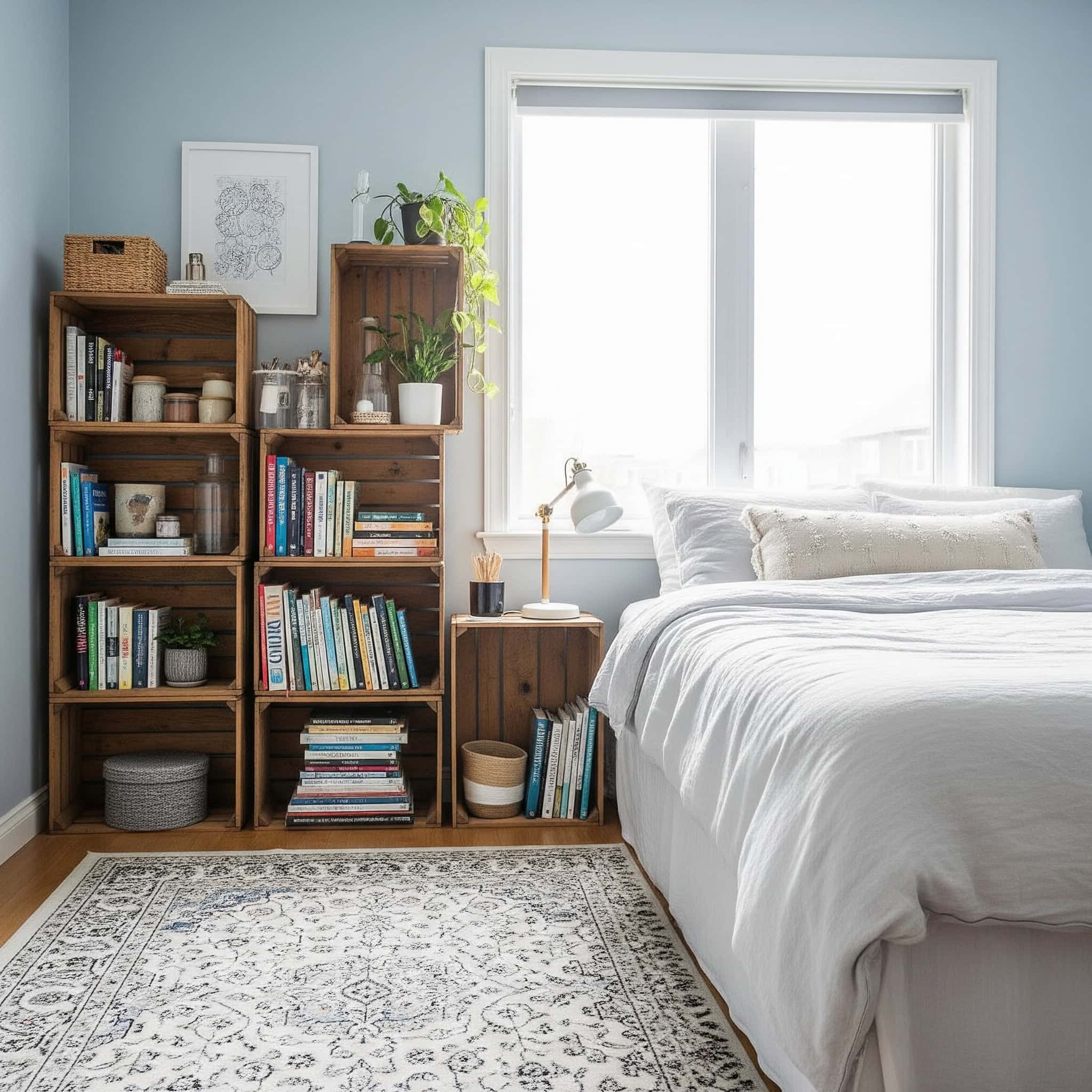 A cozy bedroom with a DIY stacked crate bookcase, featuring warm wood tones and a soft, calming blue wall.