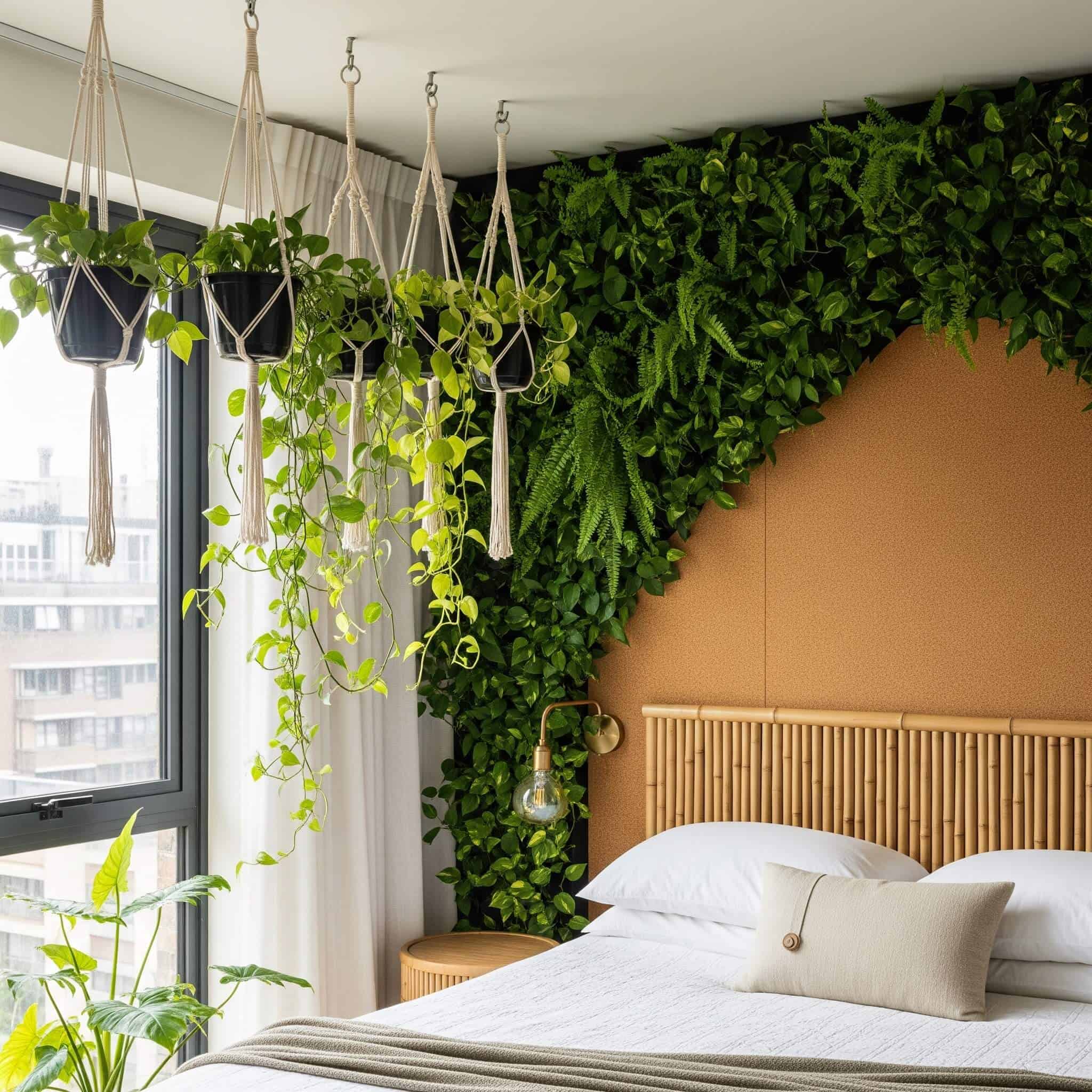 Urban bedroom with living walls, hanging plants, and natural materials.