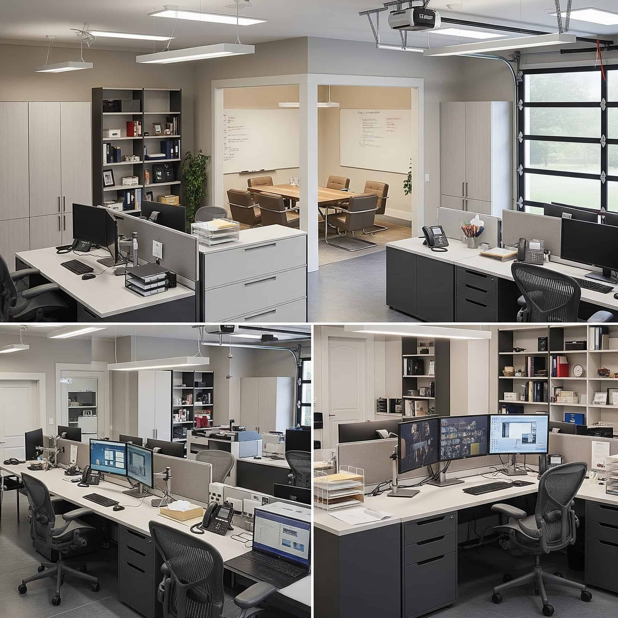 Convert your garage into a professional workspace with dedicated desk areas, filing systems, meeting spaces, and technology infrastructure.