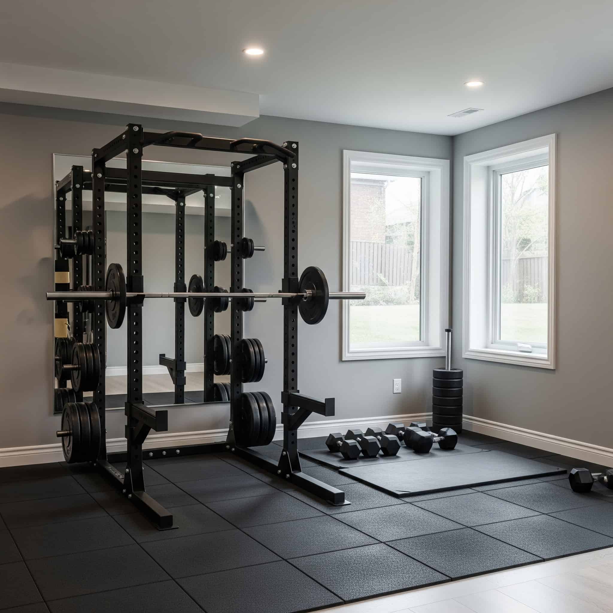 Minimalist basement gym with a strength corner.