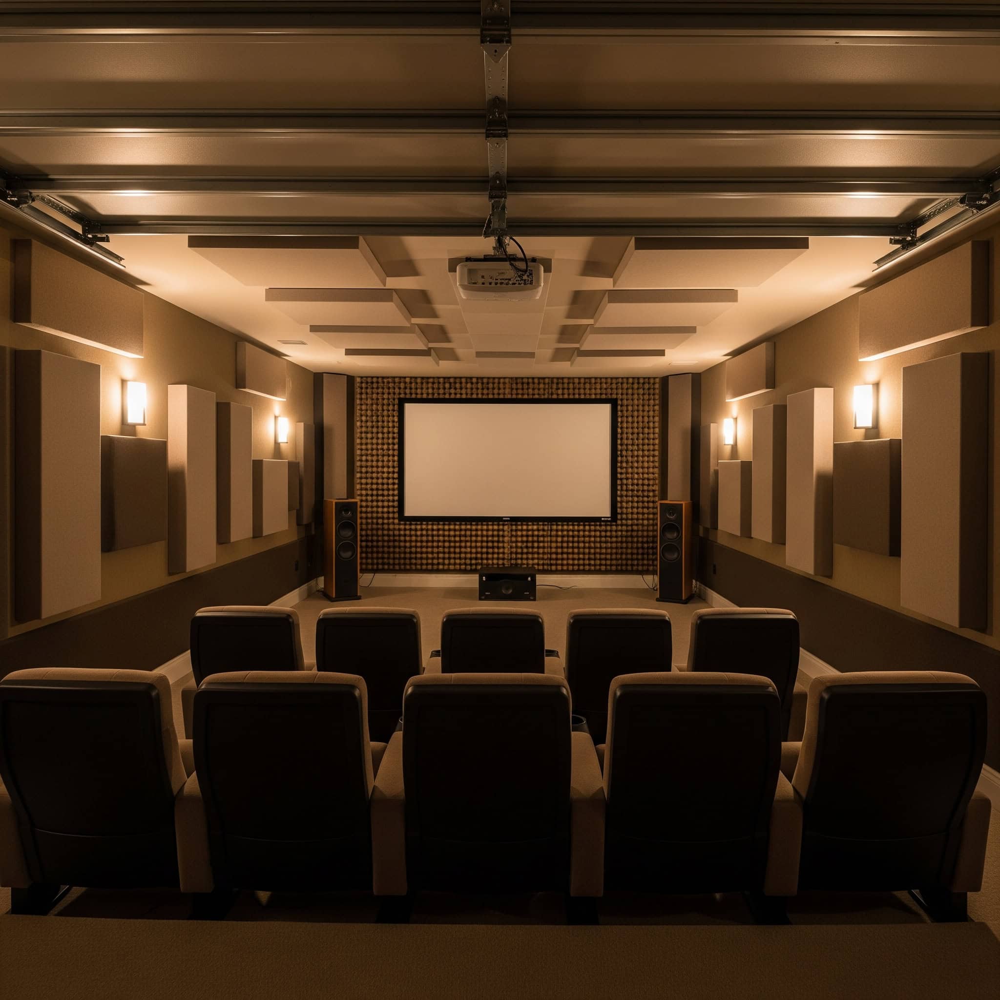 Acoustic wall treatments in a garage home theater.
