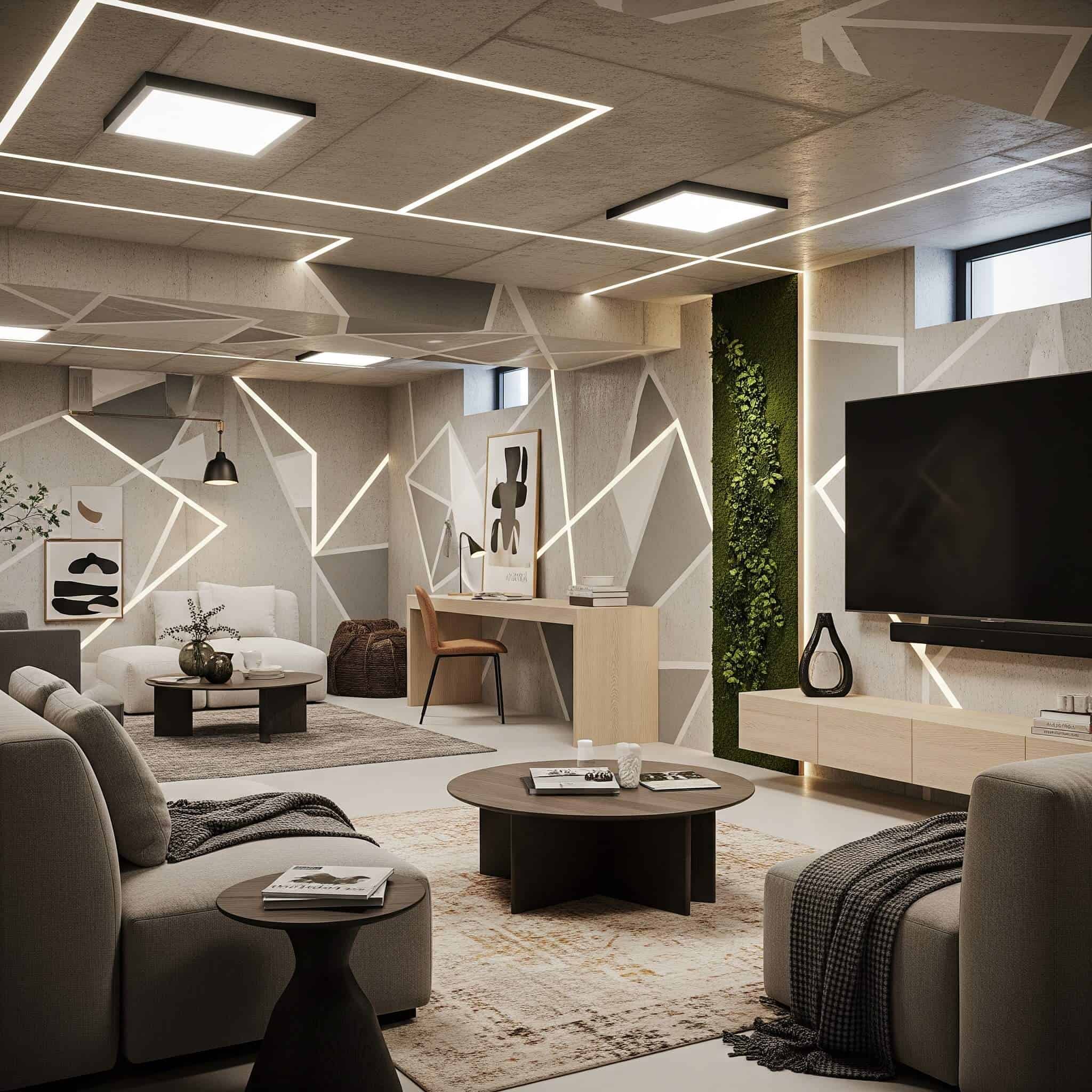 A modern 2025 basement with stenciled concrete walls