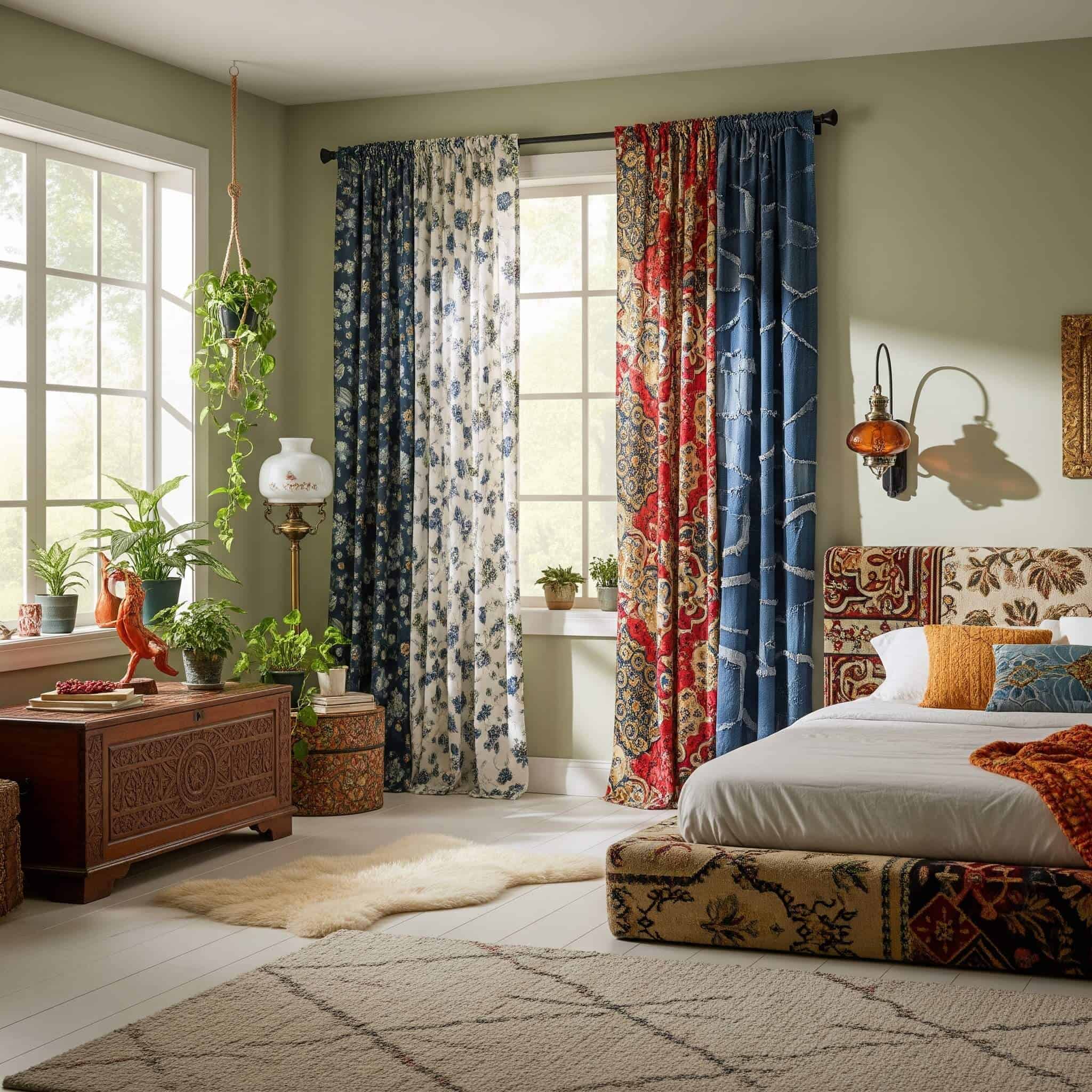 A modern 2025 bedroom with upcycled or vintage fabric curtains