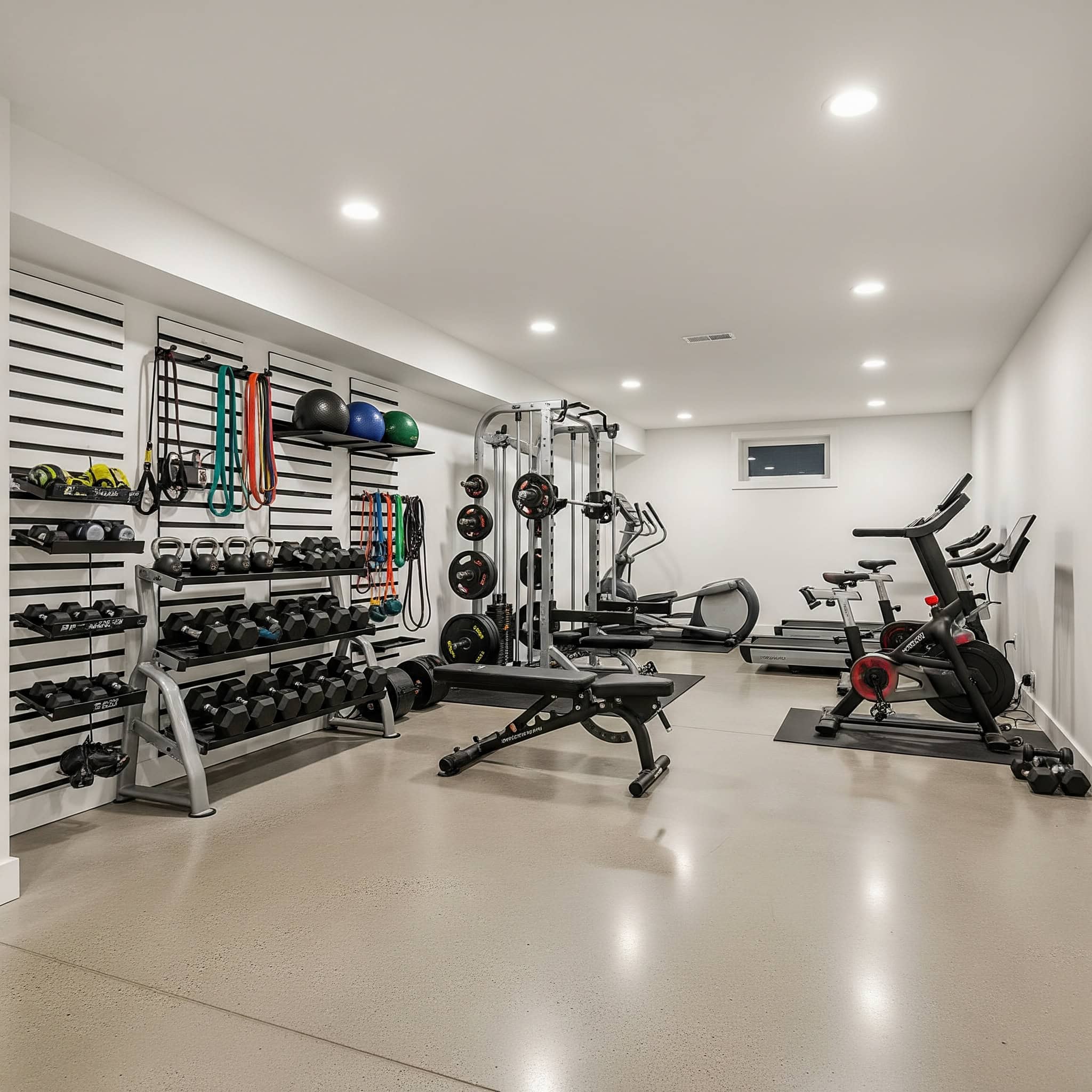 Modern basement gym with vertical equipment storage.