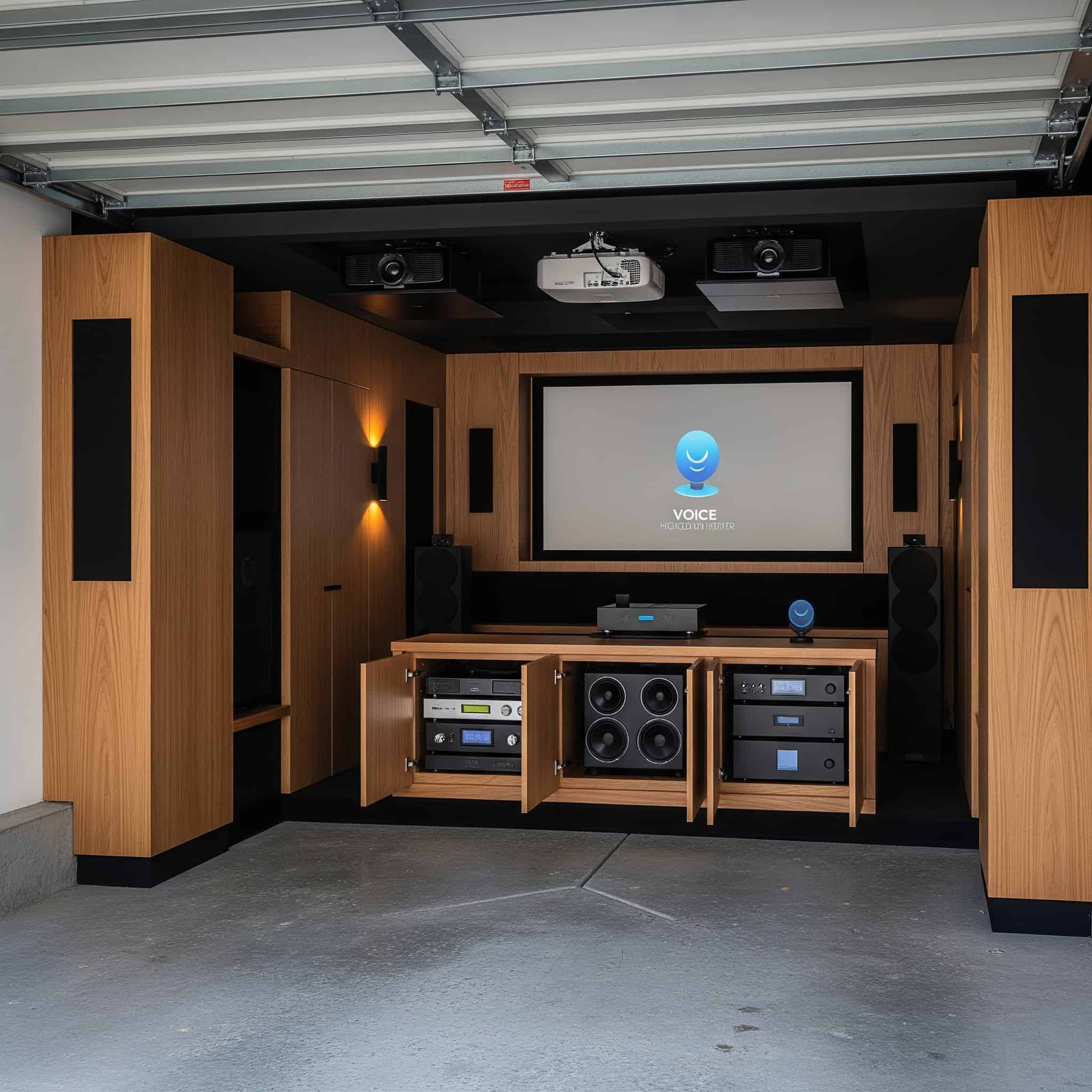 Hidden technology integration in a garage home theater.
