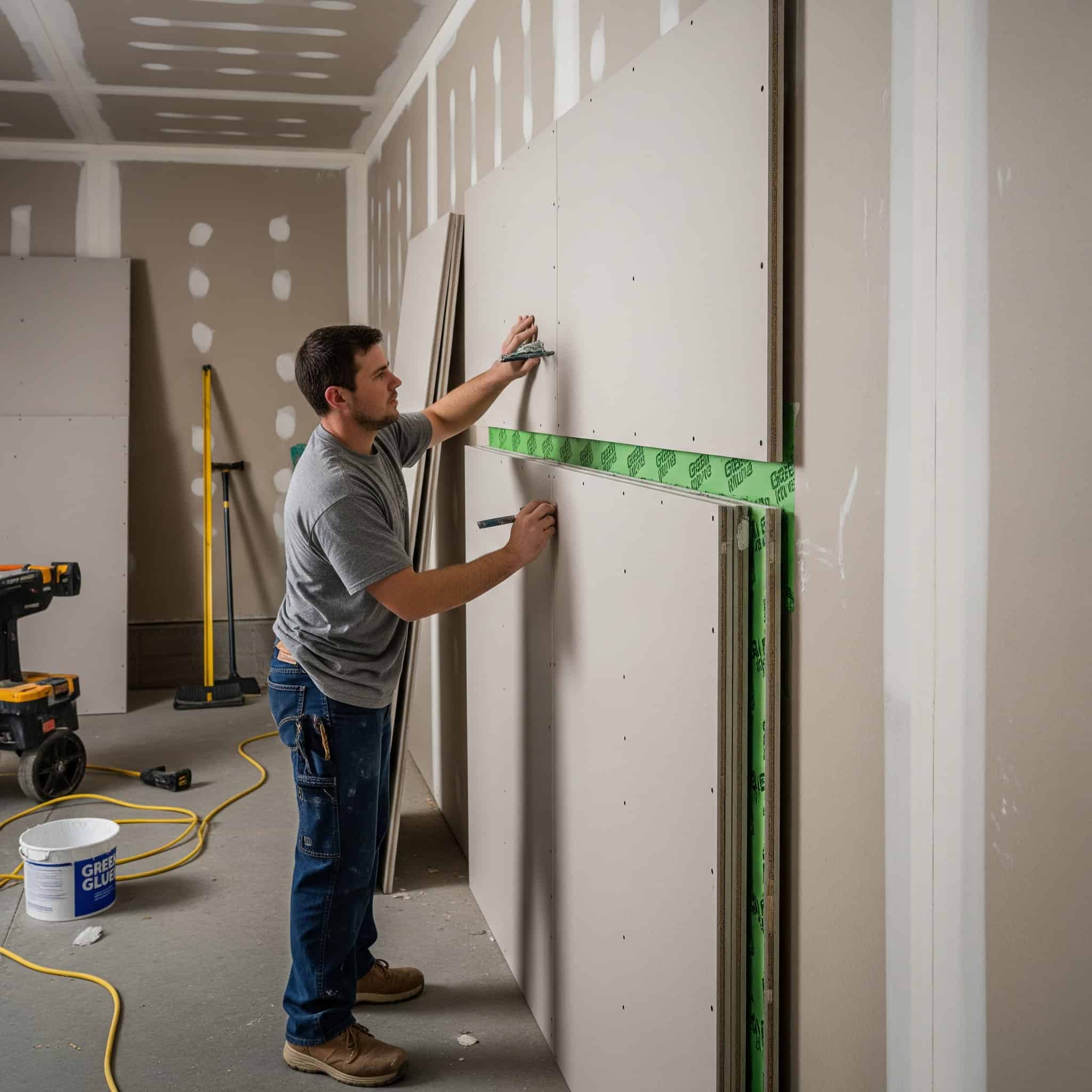 Garage wall with double-wall drywall and Green Glue
