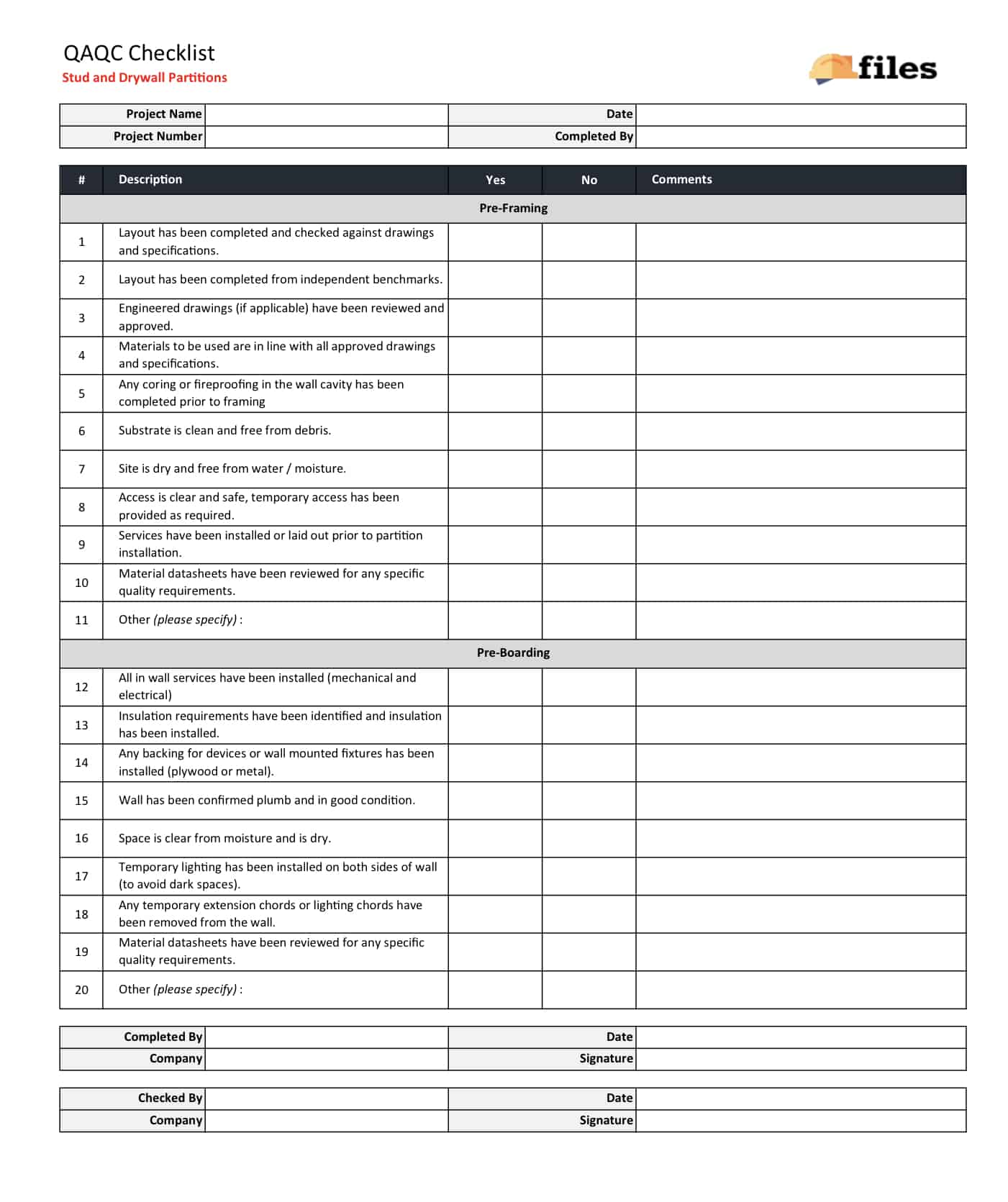 QAQC Checklist - Drywall Partitions