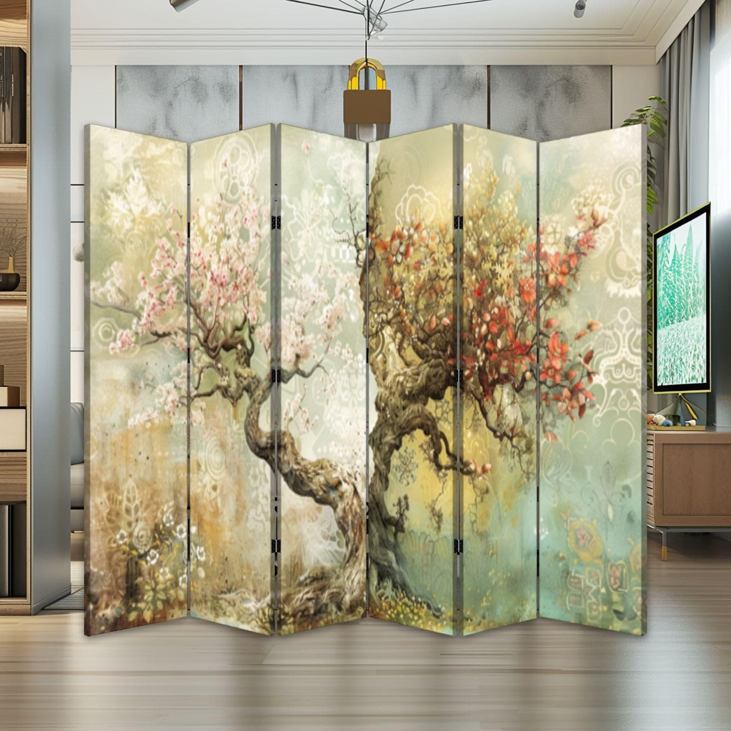 6 Panels Folding Screen Room Divider Seasonal Tree Art