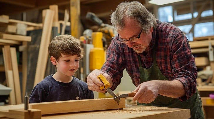Grandfather teaching carpentry