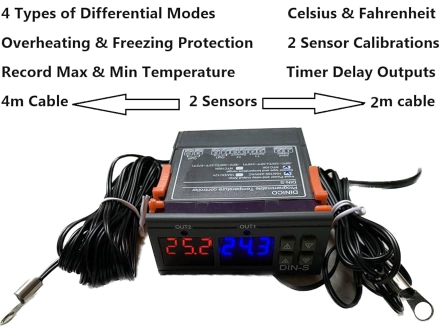 Solar Differential Temperature Controller T2-T1 Thermostat fr Water Heater, Pool. Pump, Chiller, Greenhouse 2 Sensors Fahrenheit Celsius : Amazon.ca: ...