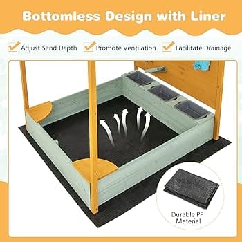 Amazon.com: Costzon Kids Sandbox with Sand Wall, Wooden Sandpit w/Removable Canopy, Water Bucket, Storage Bins, 2 Corner Seats & Bottom Liner, Outdoor