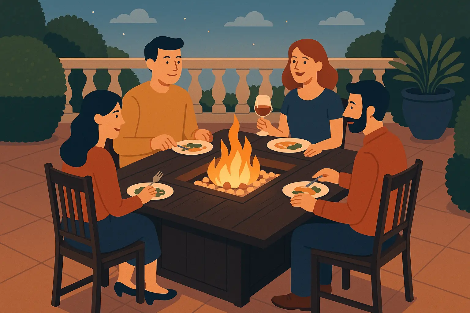 Multi-functional fire pit dining table setup