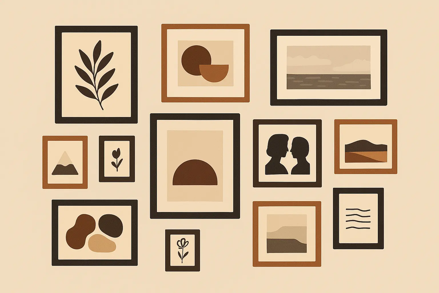 Gallery wall arrangement with curated artwork and photographs