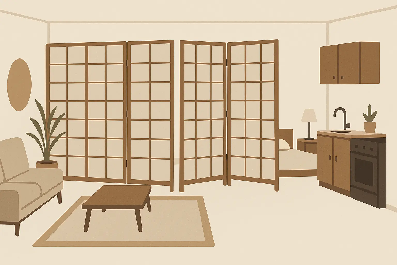 Room divider screens in studio apartment