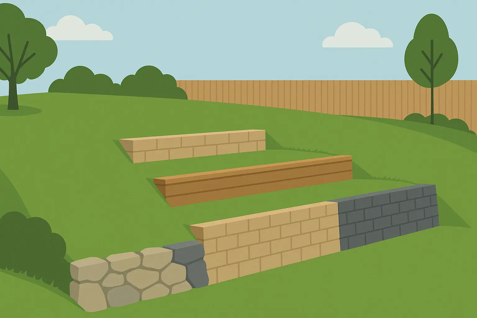 Modern retaining wall designs showcasing various materials and landscaping integration