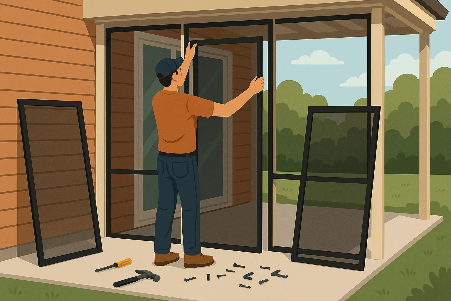DIY screen installation kit components and tools