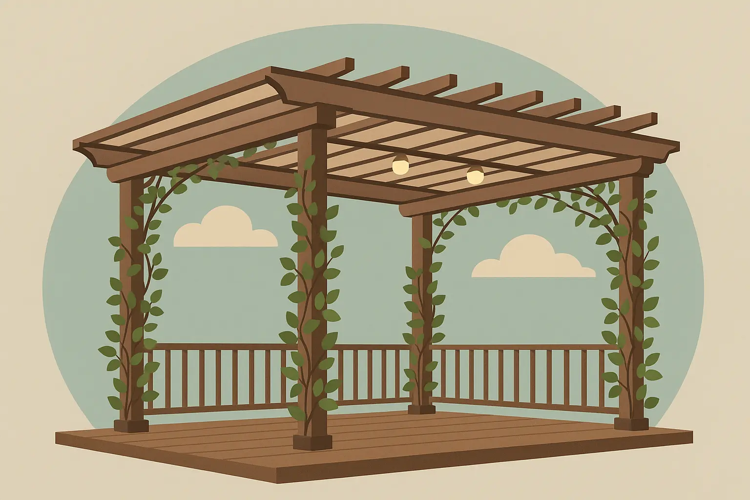 Pergola structure providing overhead coverage for outdoor dining area