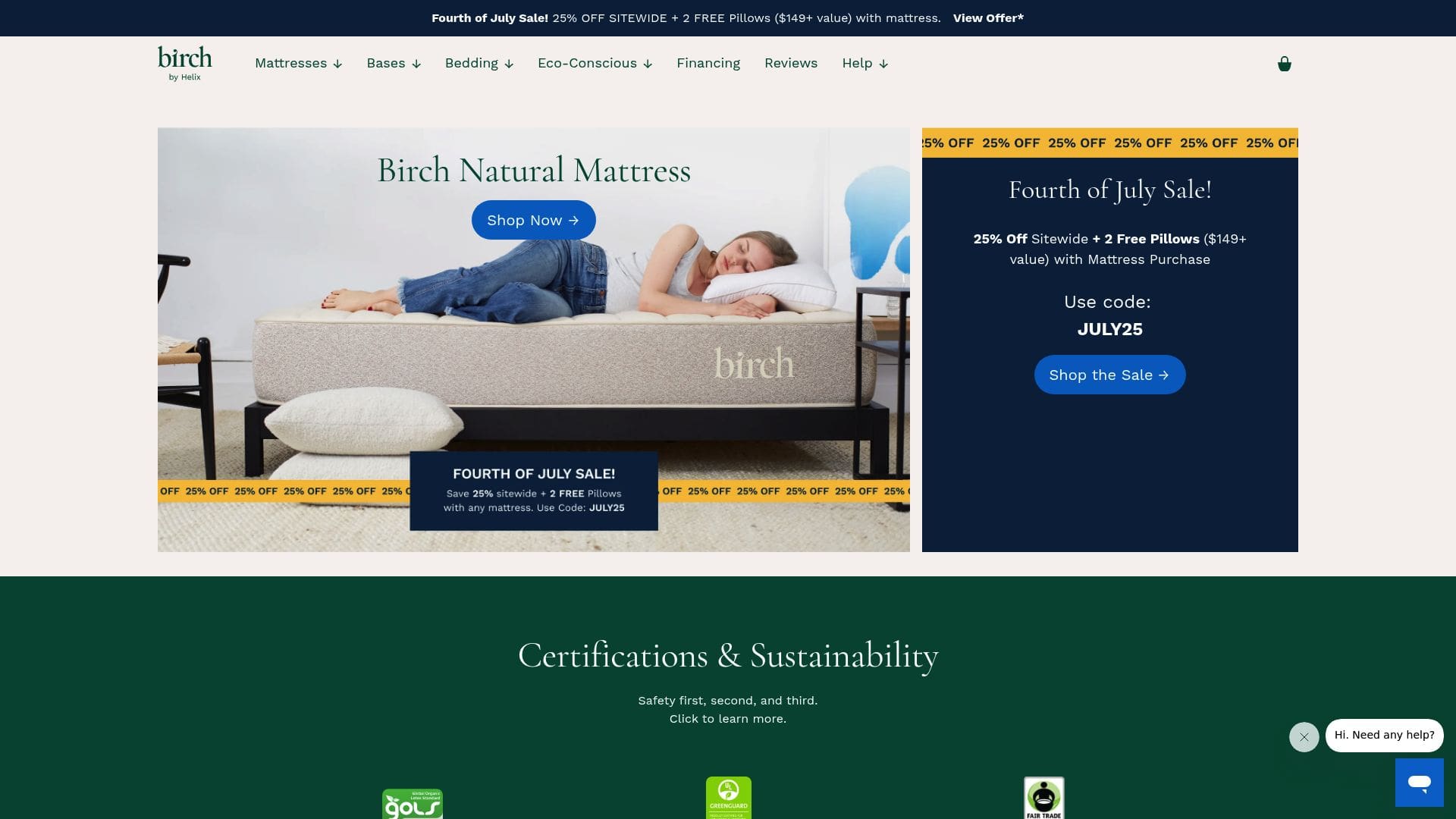 Birch Mattress featuring organic materials including natural Talalay latex and organic cotton cover