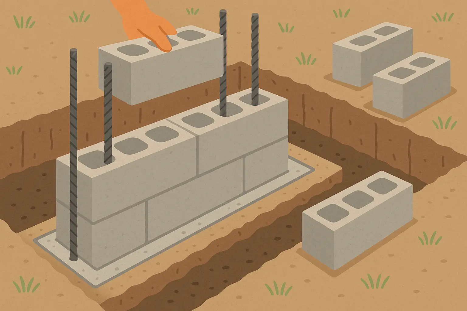 Concrete block retaining wall construction showing reinforcement and drainage