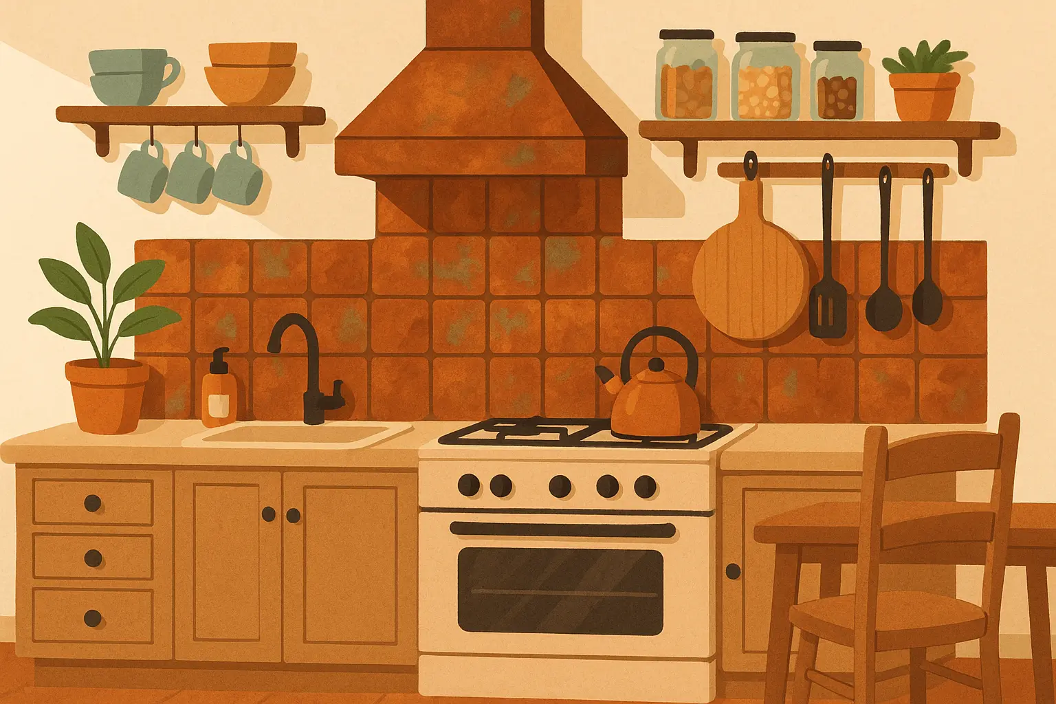 Copper tile backsplash with natural patina finish