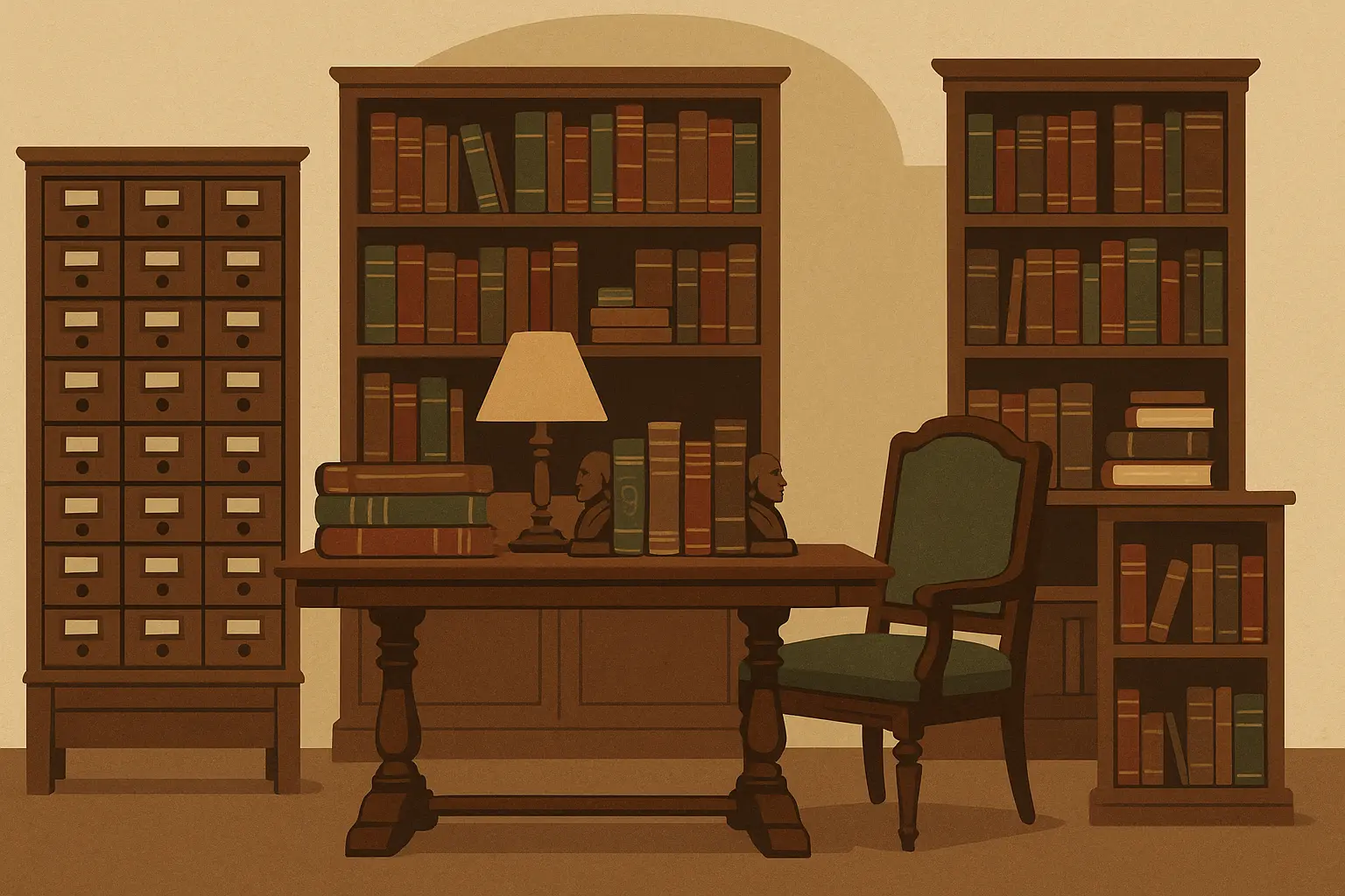 Vintage library with antique furniture and card catalogs