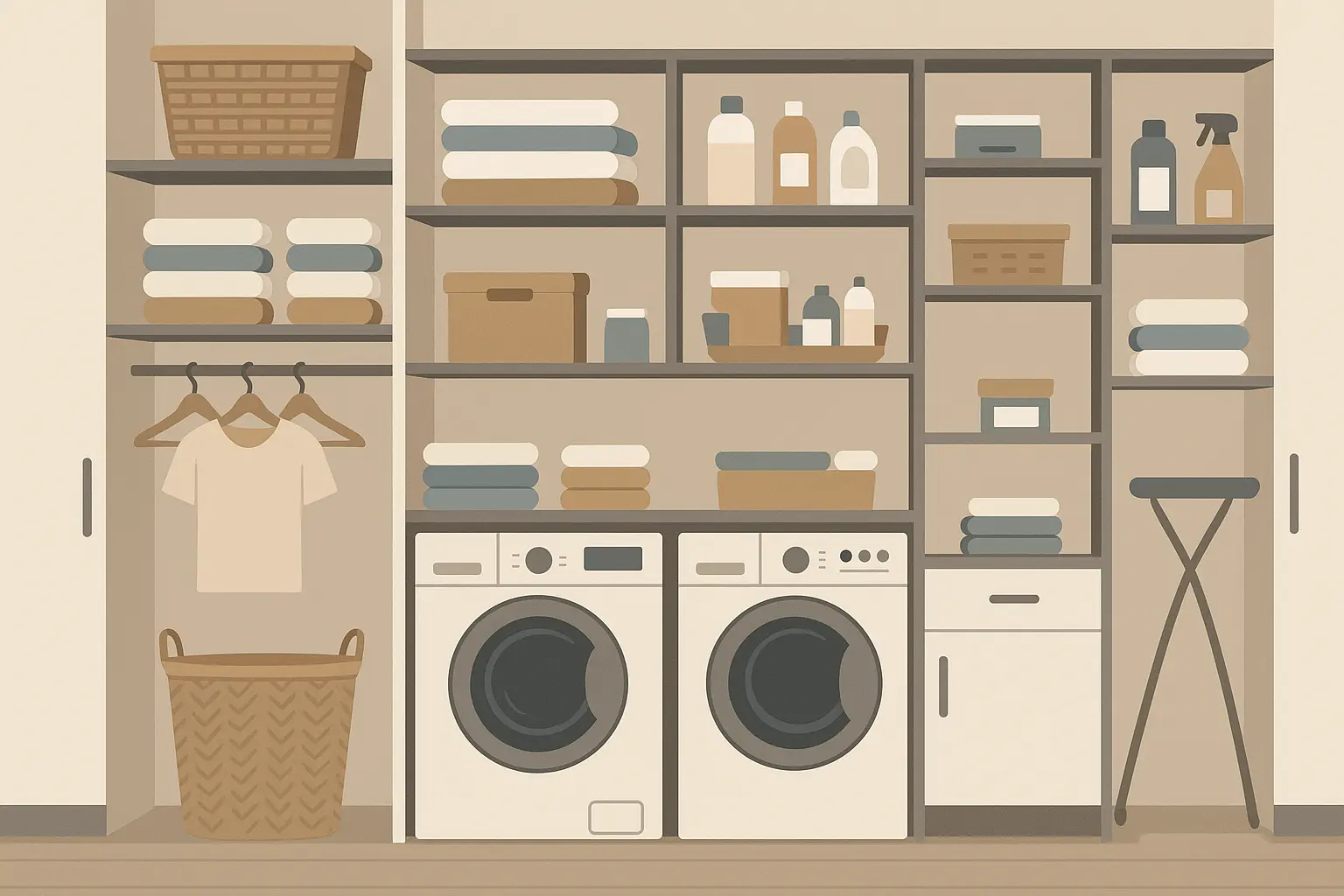 Vertical wall storage system in laundry room