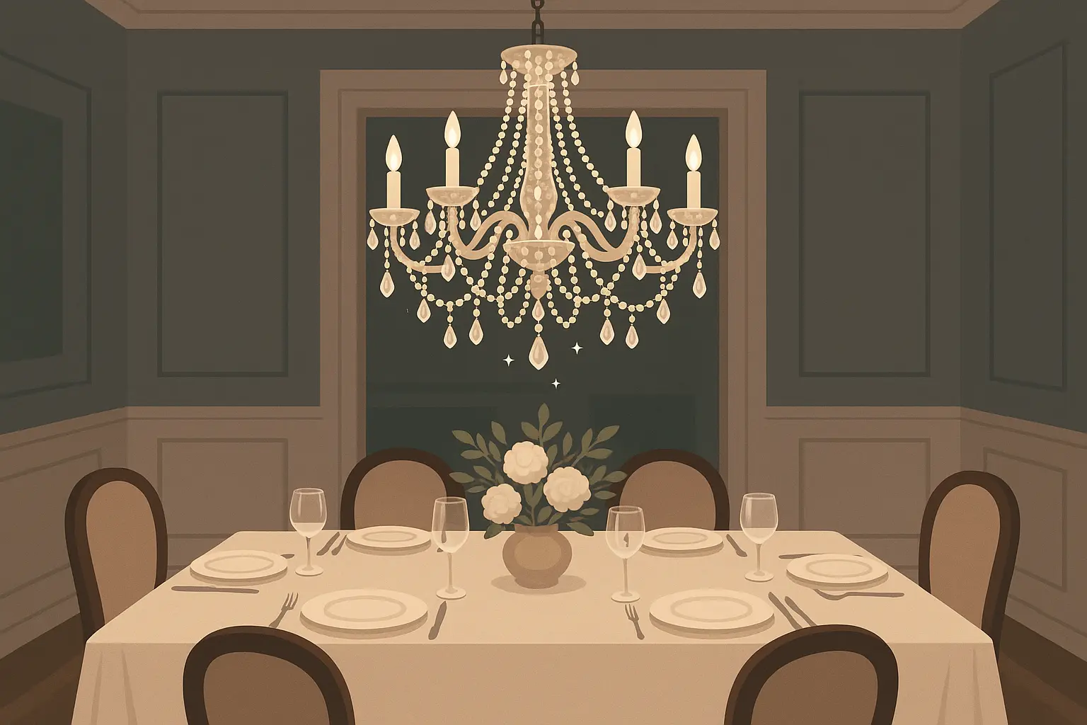 Statement chandelier in elegant dining room