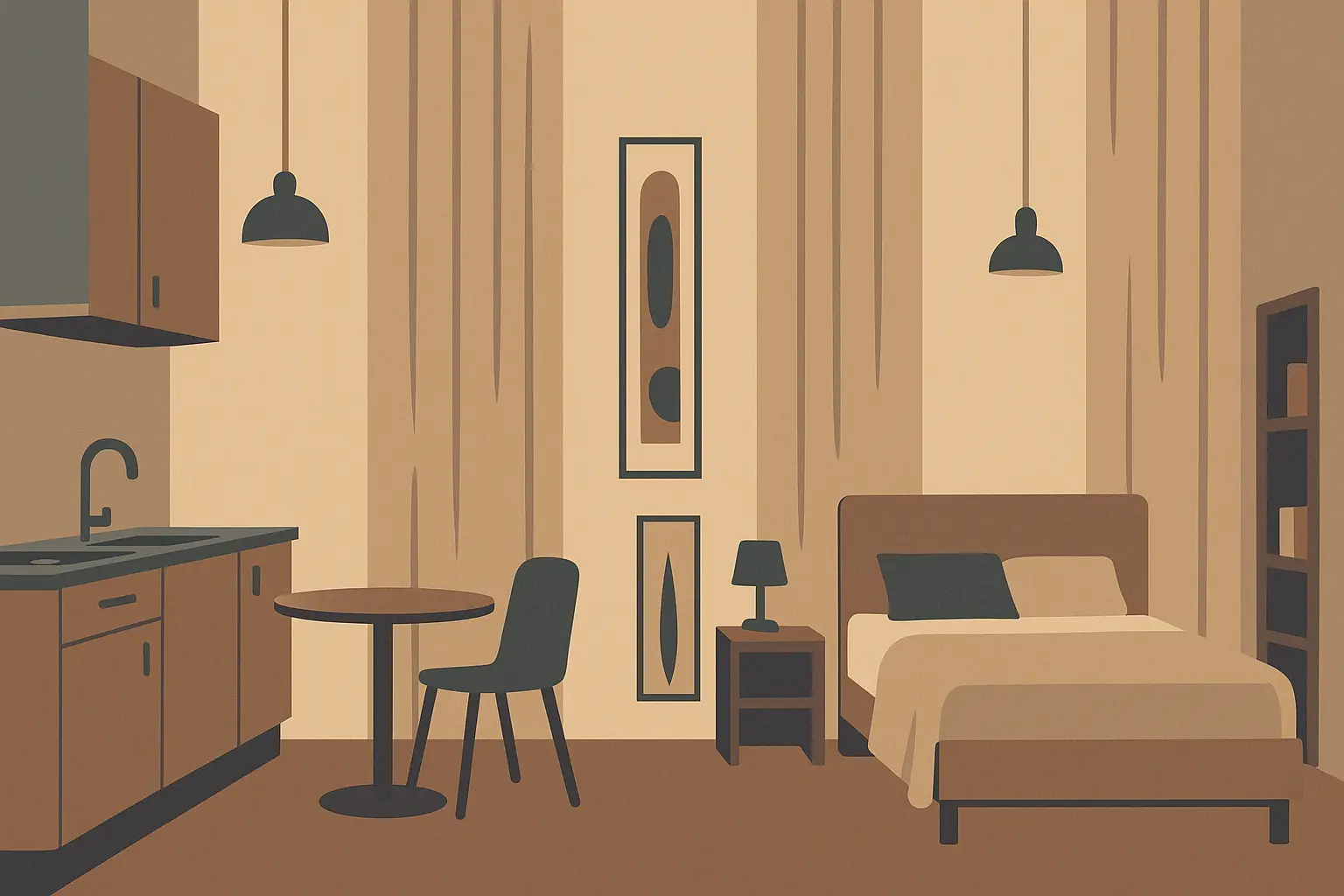 Vertical design elements in studio apartment