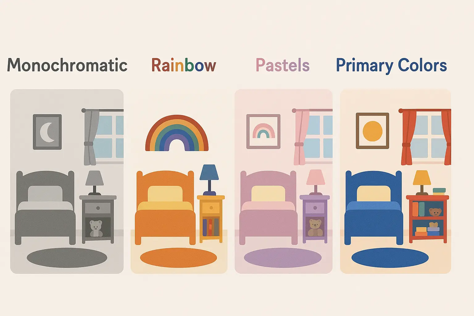 Colorful kids room with various design schemes and storage solutions