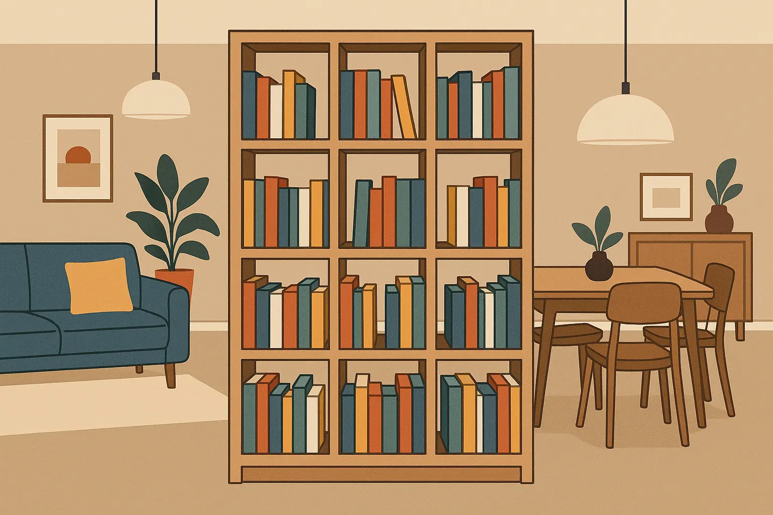 Room divider library with open shelving