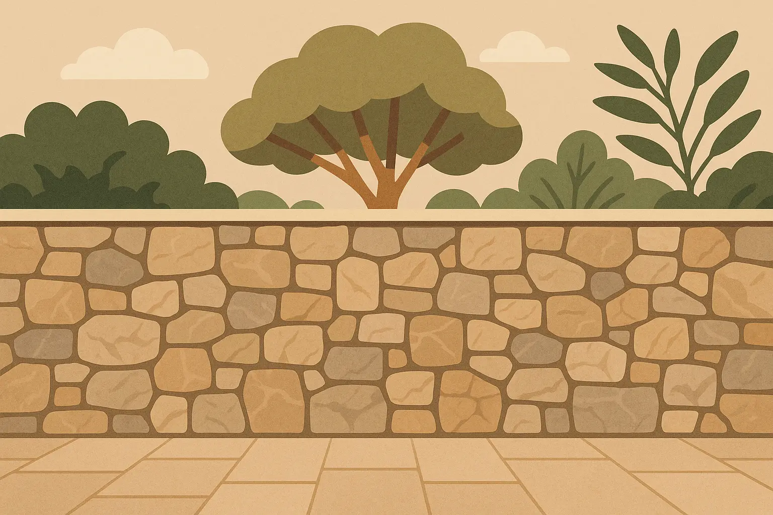 Stone privacy wall with decorative elements