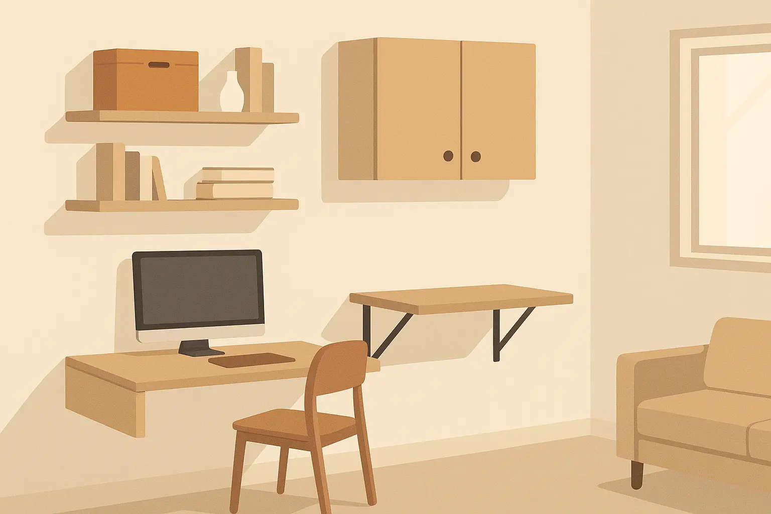 Wall-mounted furniture in studio apartment