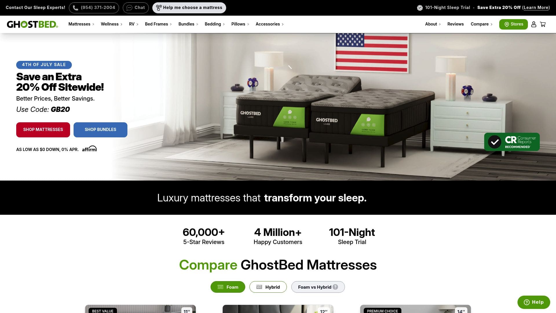Screenshot of Ghostbed SmartBed app interface