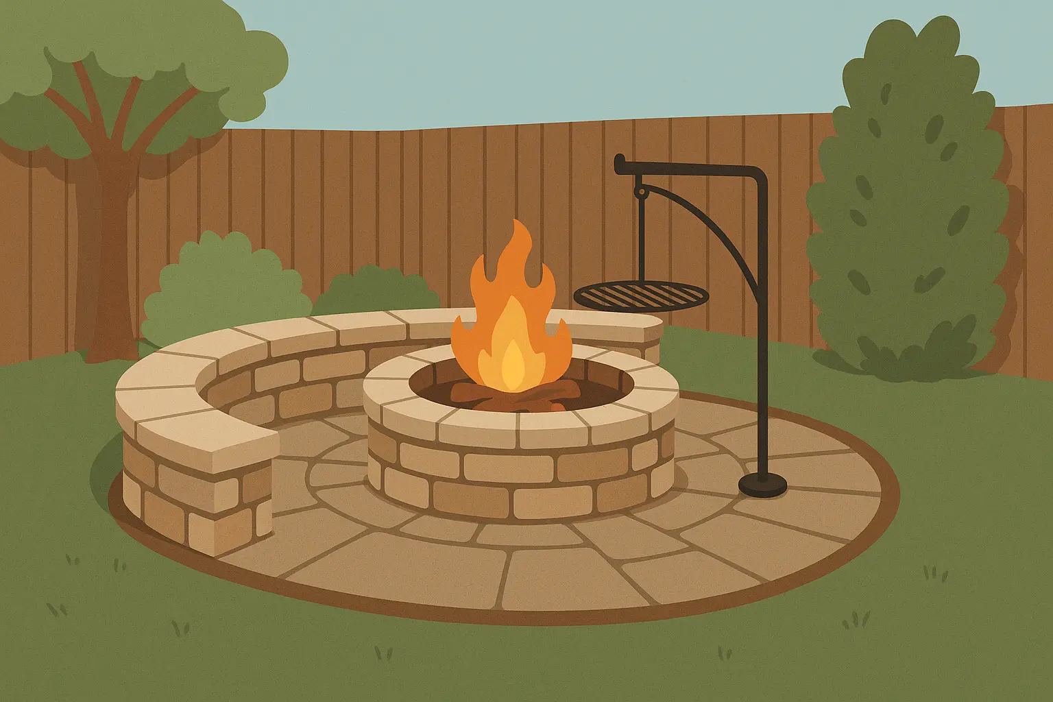 Corner stone fire pit with swing-arm grill