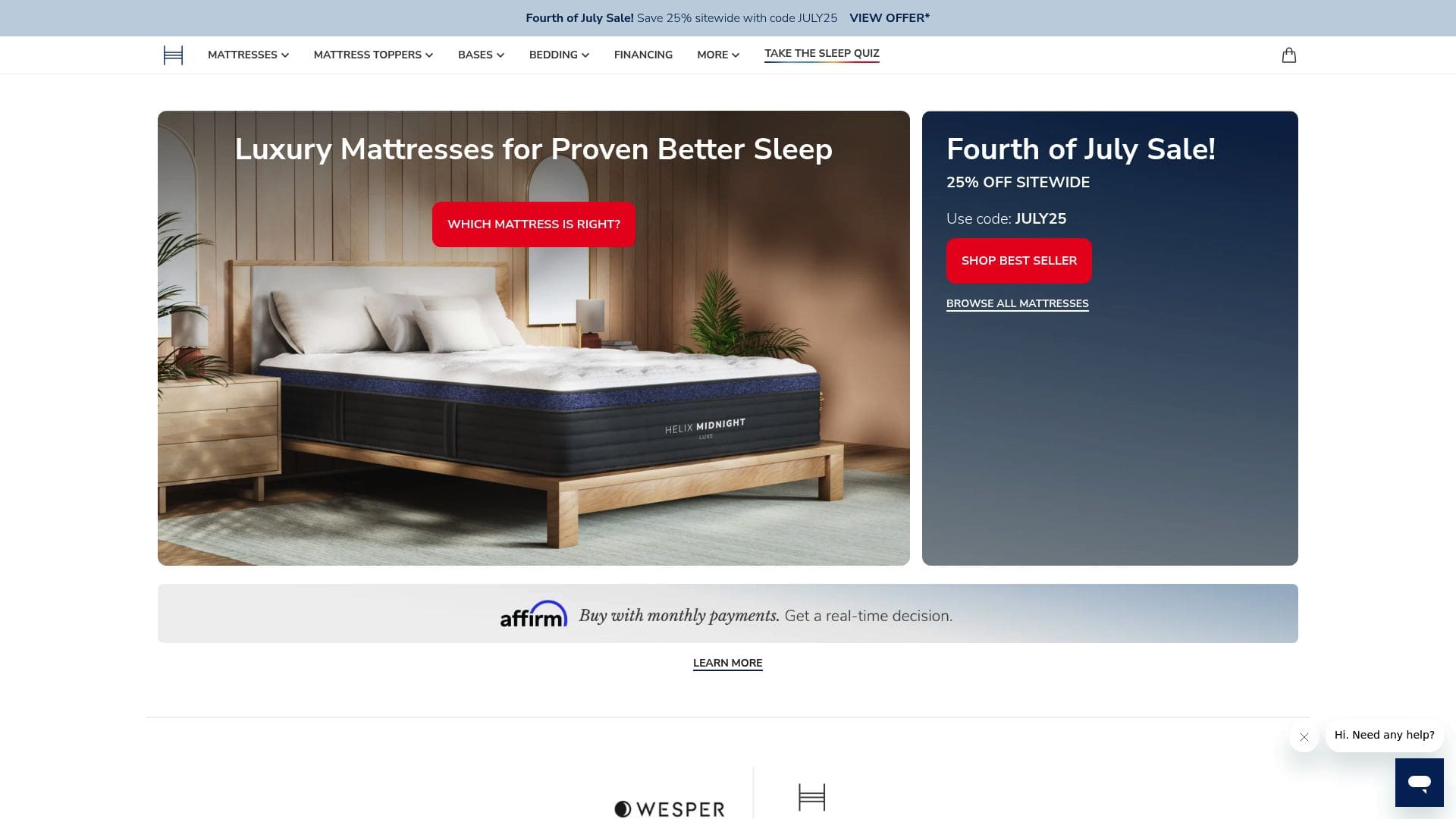 Helix Midnight Luxe mattress construction showing zoned support technology and Memory Plus foam layers