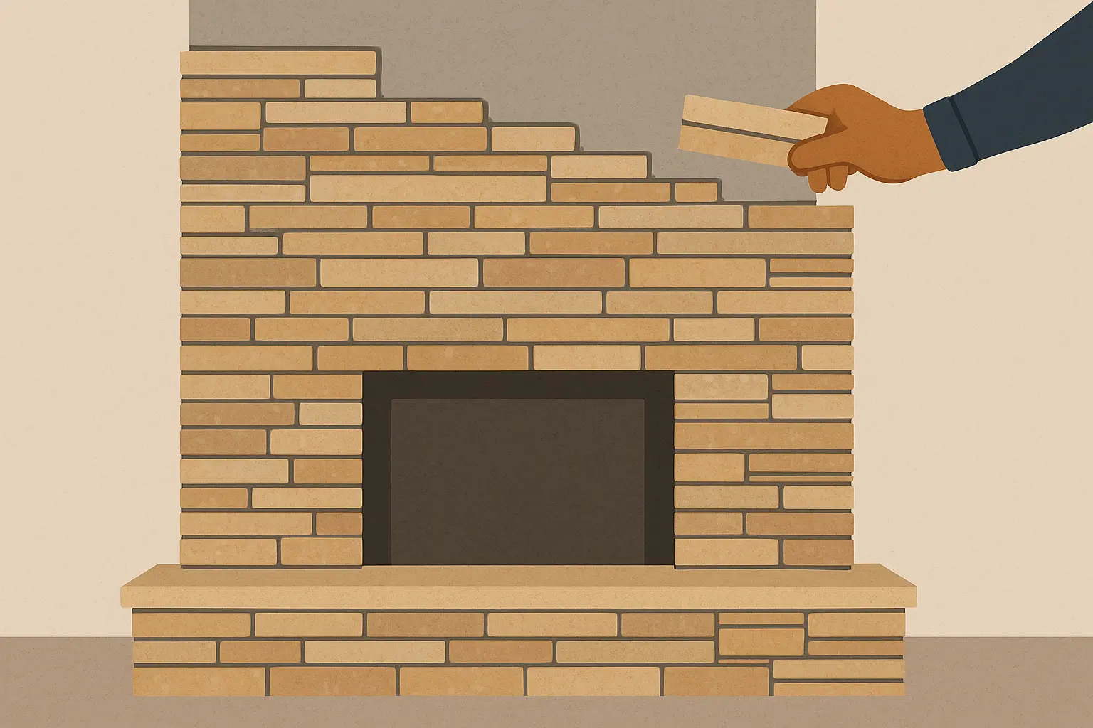 Stacked stone veneer panels fireplace installation