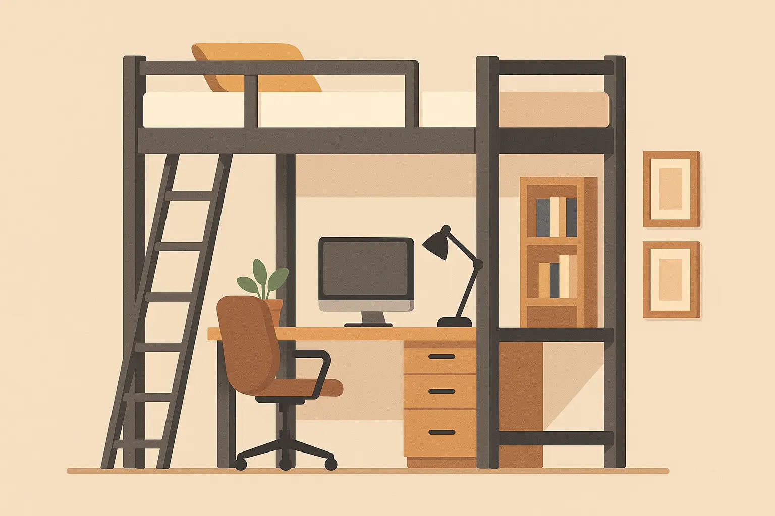 Loft bed configuration in studio apartment